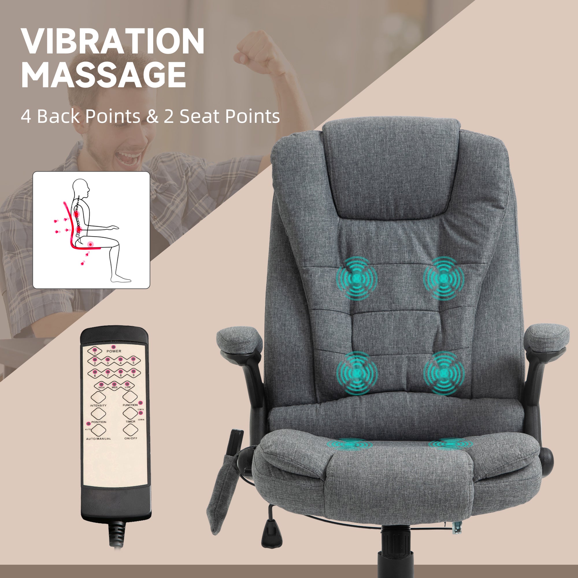 Vinsetto 6 Point Vibrating Massage Home Office Chair High Back Executive Chair with Reclining Back, Swivel Wheels, Grey