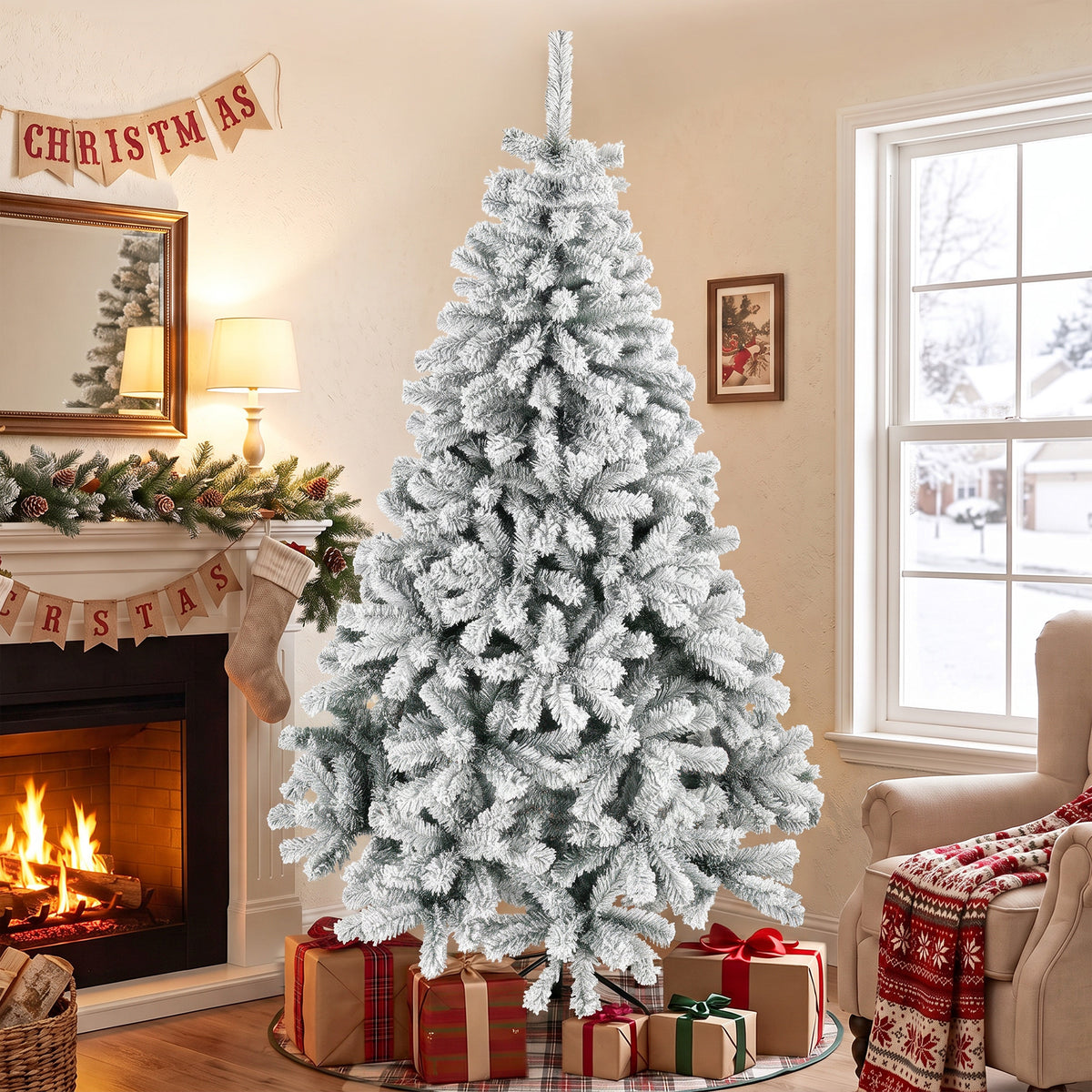 7ft Snow Flocked Christmas Tree with 1000 Branch Tips, Easy-Assembly Hinged Design, Artificial Full Fir Xmas Tree with Steel Stand for Home Office Holiday, Green and White
