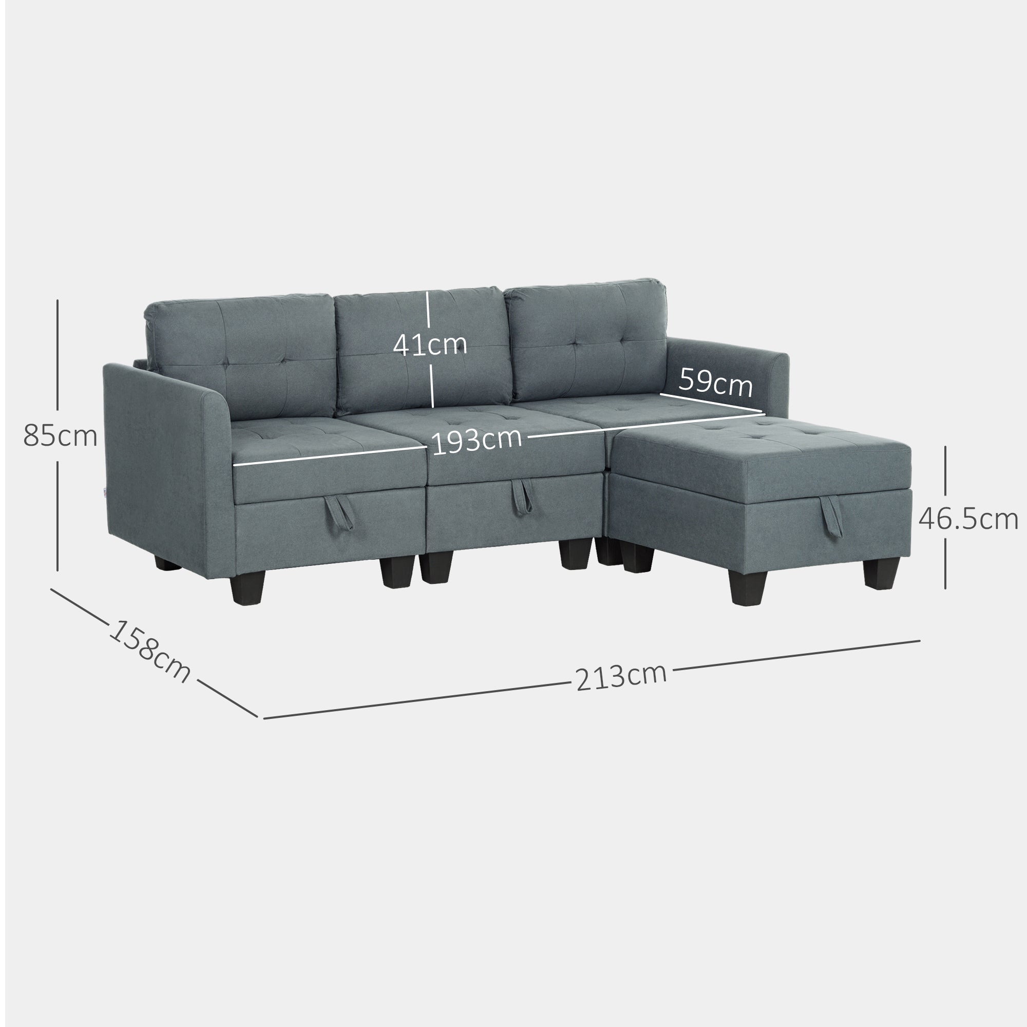 HOMCOM Convertible Modular Sectional Sofa with Storage, Tufted 3 Seater Sofa Set, L Shaped Sofa Couch with Ottoman, Wood Frame for Living Room, Dark Grey