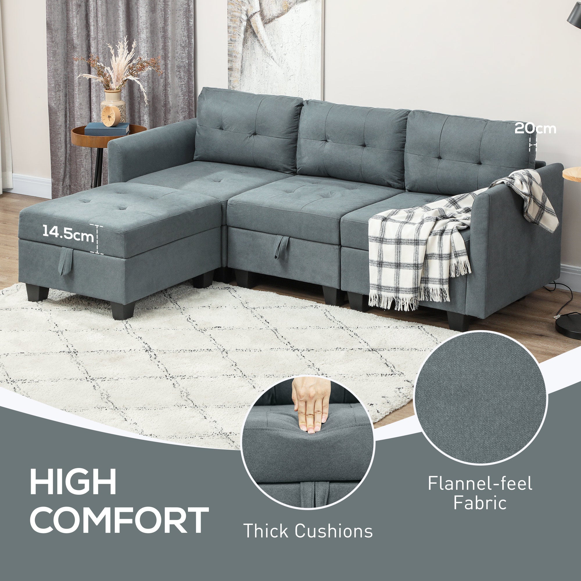 HOMCOM Convertible Modular Sectional Sofa with Storage, Tufted 3 Seater Sofa Set, L Shaped Sofa Couch with Ottoman, Wood Frame for Living Room, Dark Grey