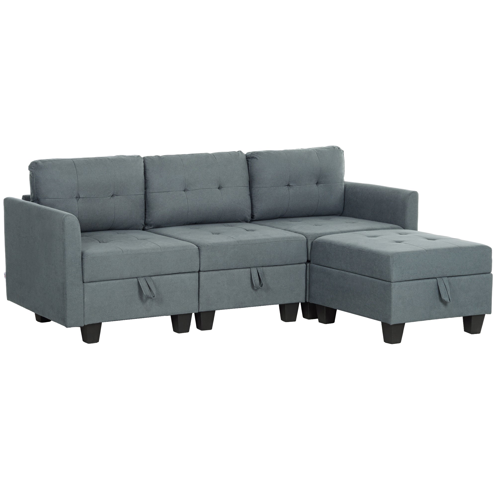HOMCOM Convertible Modular Sectional Sofa with Storage, Tufted 3 Seater Sofa Set, L Shaped Sofa Couch with Ottoman, Wood Frame for Living Room, Dark Grey