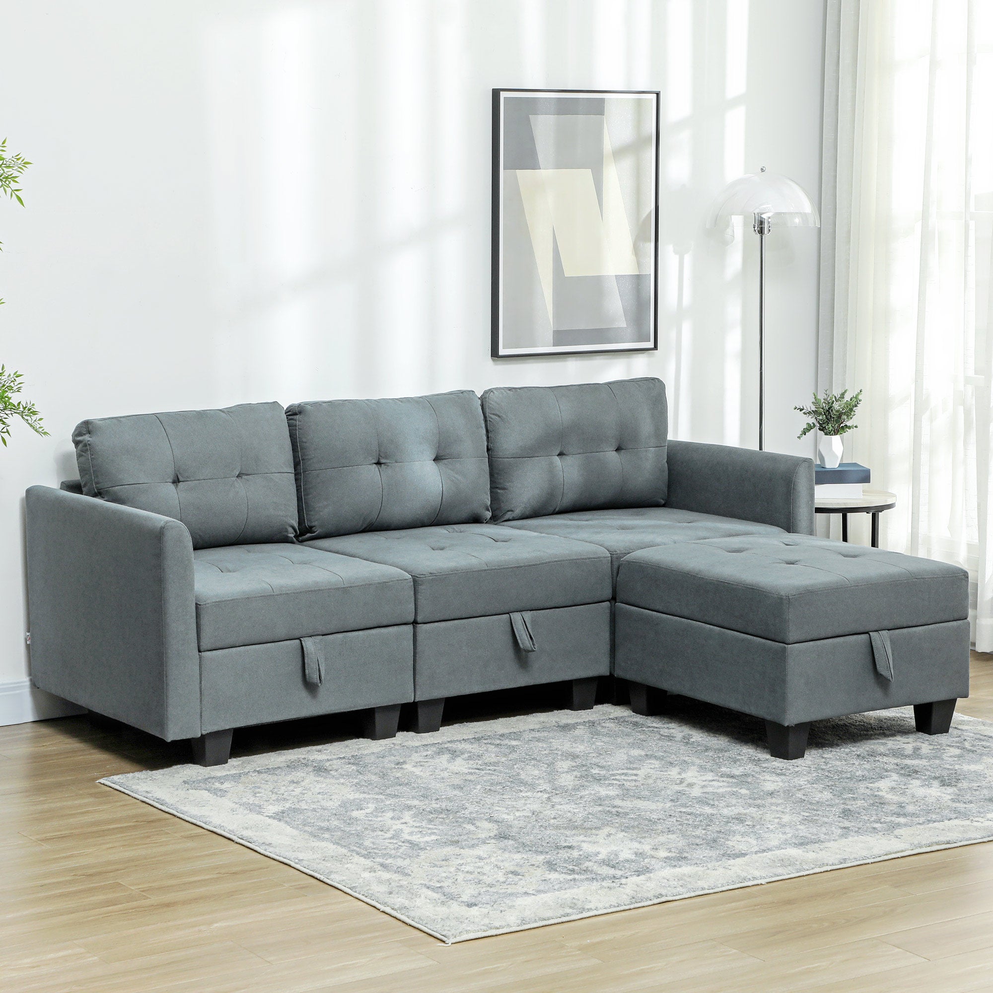HOMCOM Convertible Modular Sectional Sofa with Storage, Tufted 3 Seater Sofa Set, L Shaped Sofa Couch with Ottoman, Wood Frame for Living Room, Dark Grey