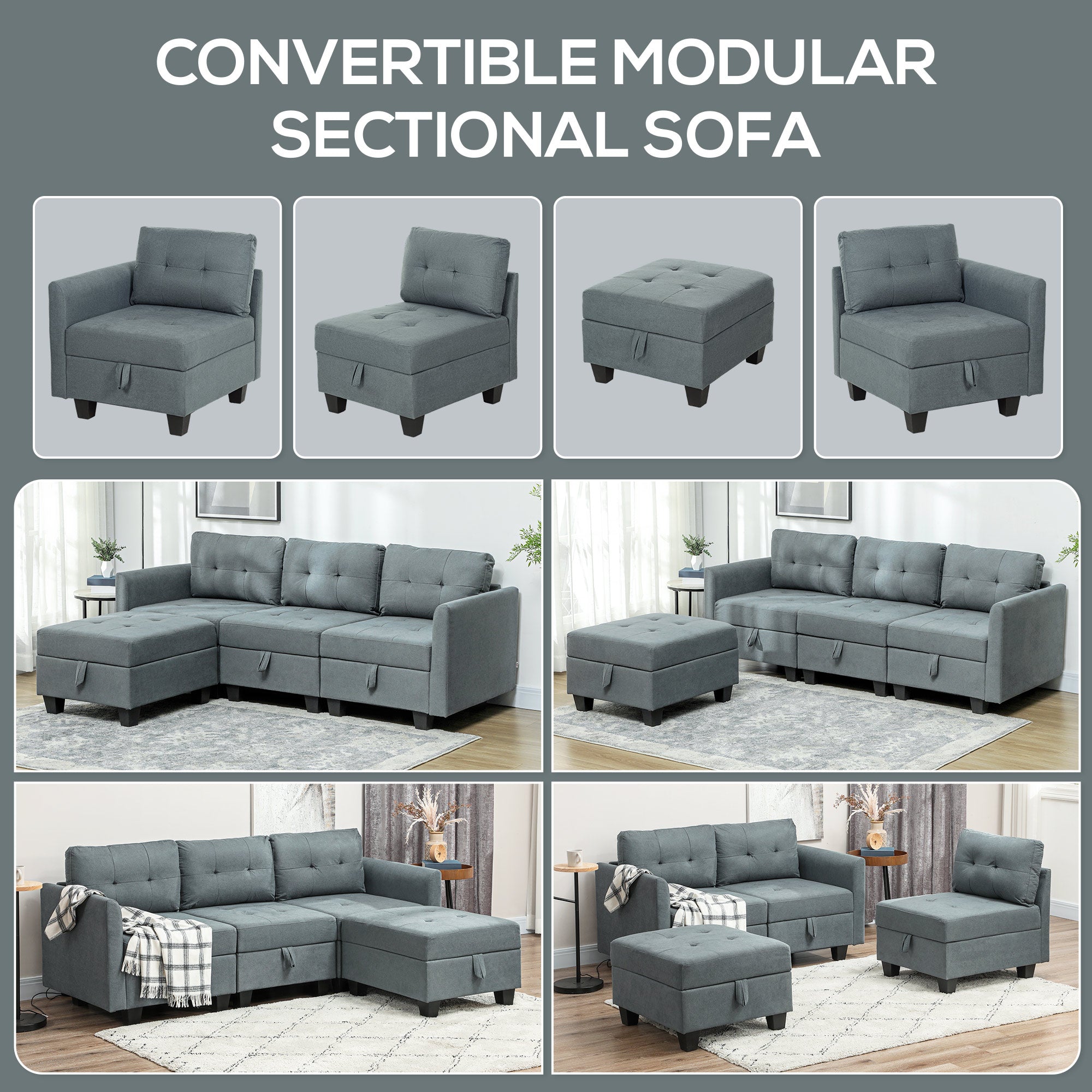 HOMCOM Convertible Modular Sectional Sofa with Storage, Tufted 3 Seater Sofa Set, L Shaped Sofa Couch with Ottoman, Wood Frame for Living Room, Dark Grey