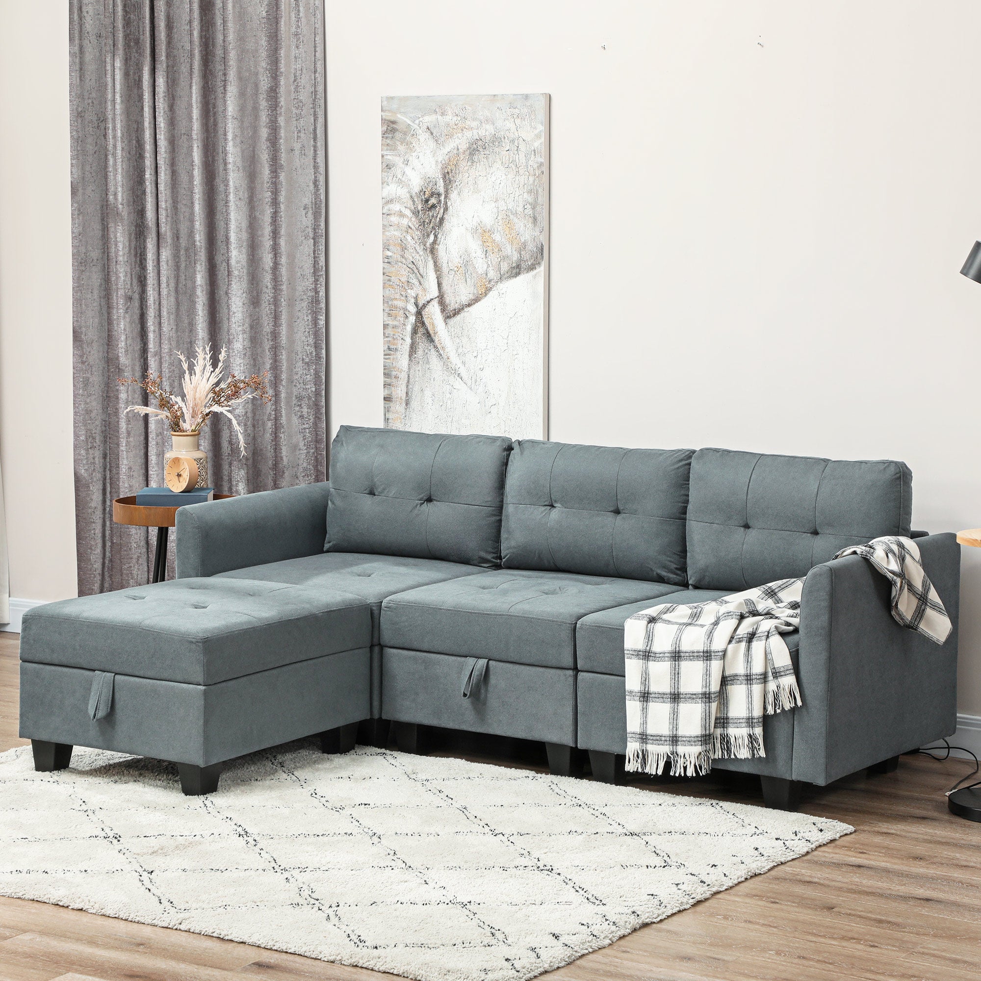 HOMCOM Convertible Modular Sectional Sofa with Storage, Tufted 3 Seater Sofa Set, L Shaped Sofa Couch with Ottoman, Wood Frame for Living Room, Dark Grey