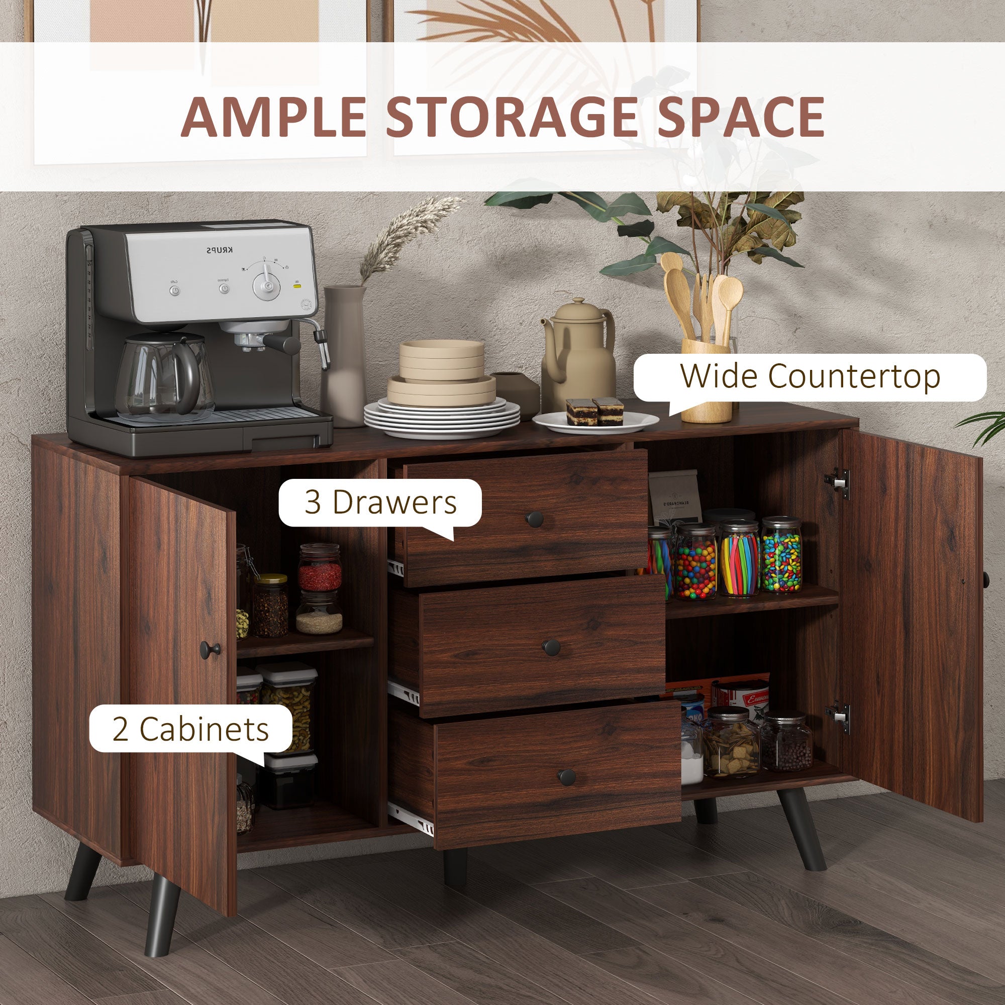 Vintage Sideboard with 3 Drawers & Adjustable Shelves, Rustic Brown - HOMCOM