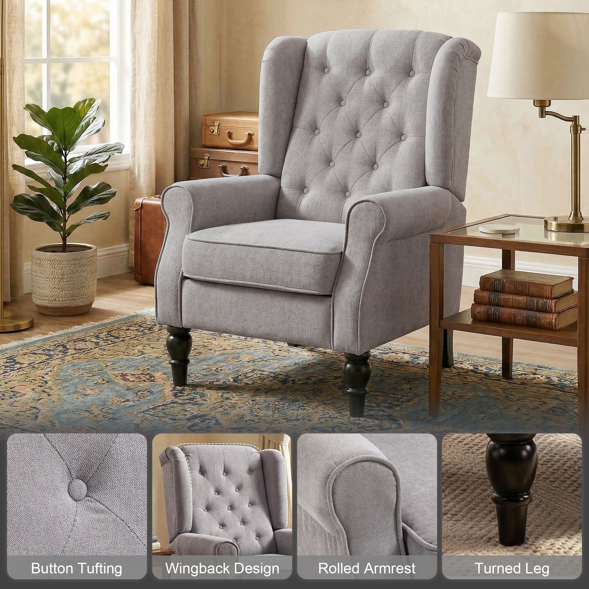 Retro Button Tufted Accent Armchair with Wooden Frame and Legs for Living Room, Bedroom, Grey - HOMCOM