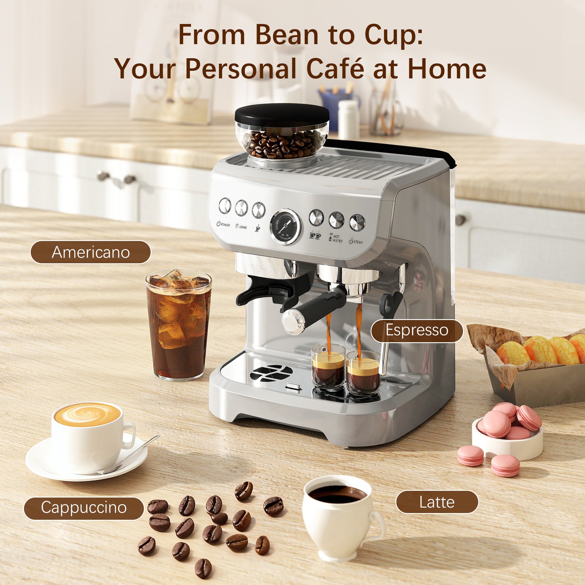 Espresso Machine with Integrated Bean Grinder & Steam Wand, Stainless Steel Silver