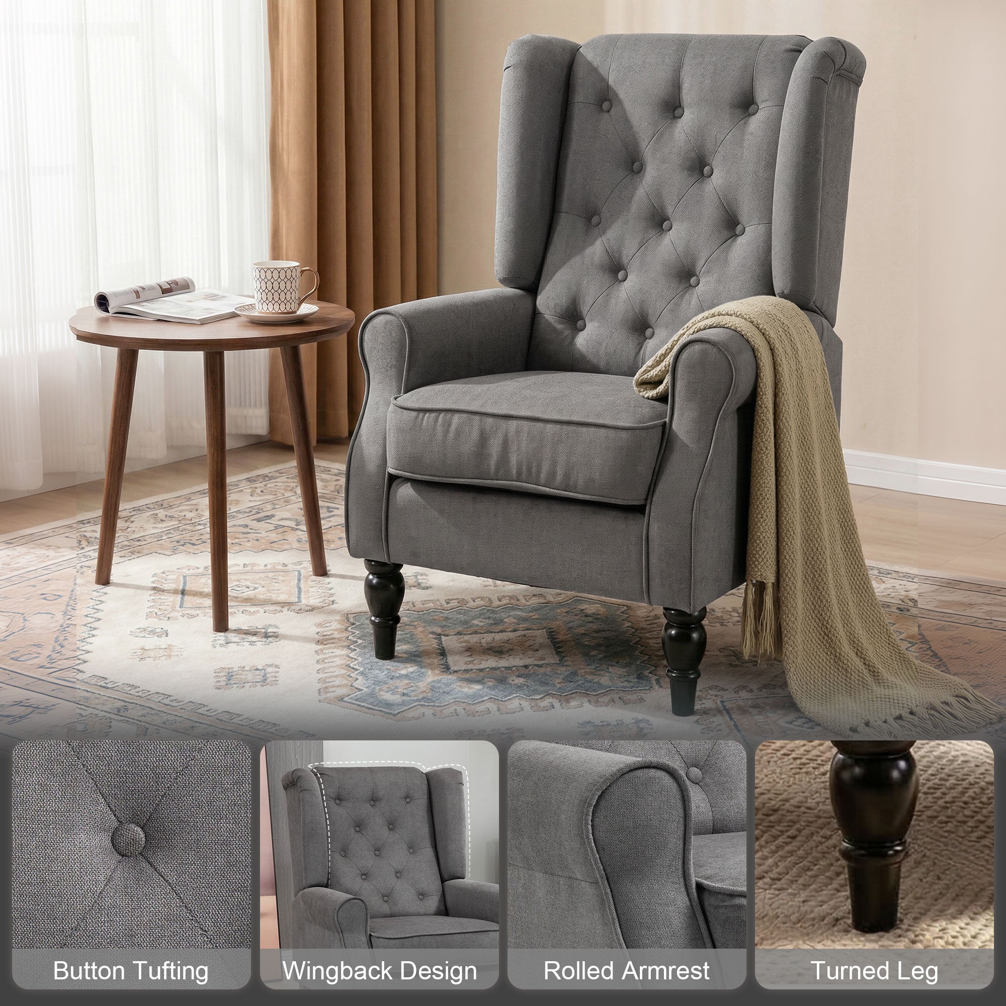 Retro Button Tufted Accent Armchair with Wooden Frame and Legs for Living Room, Bedroom, Dark Grey - HOMCOM