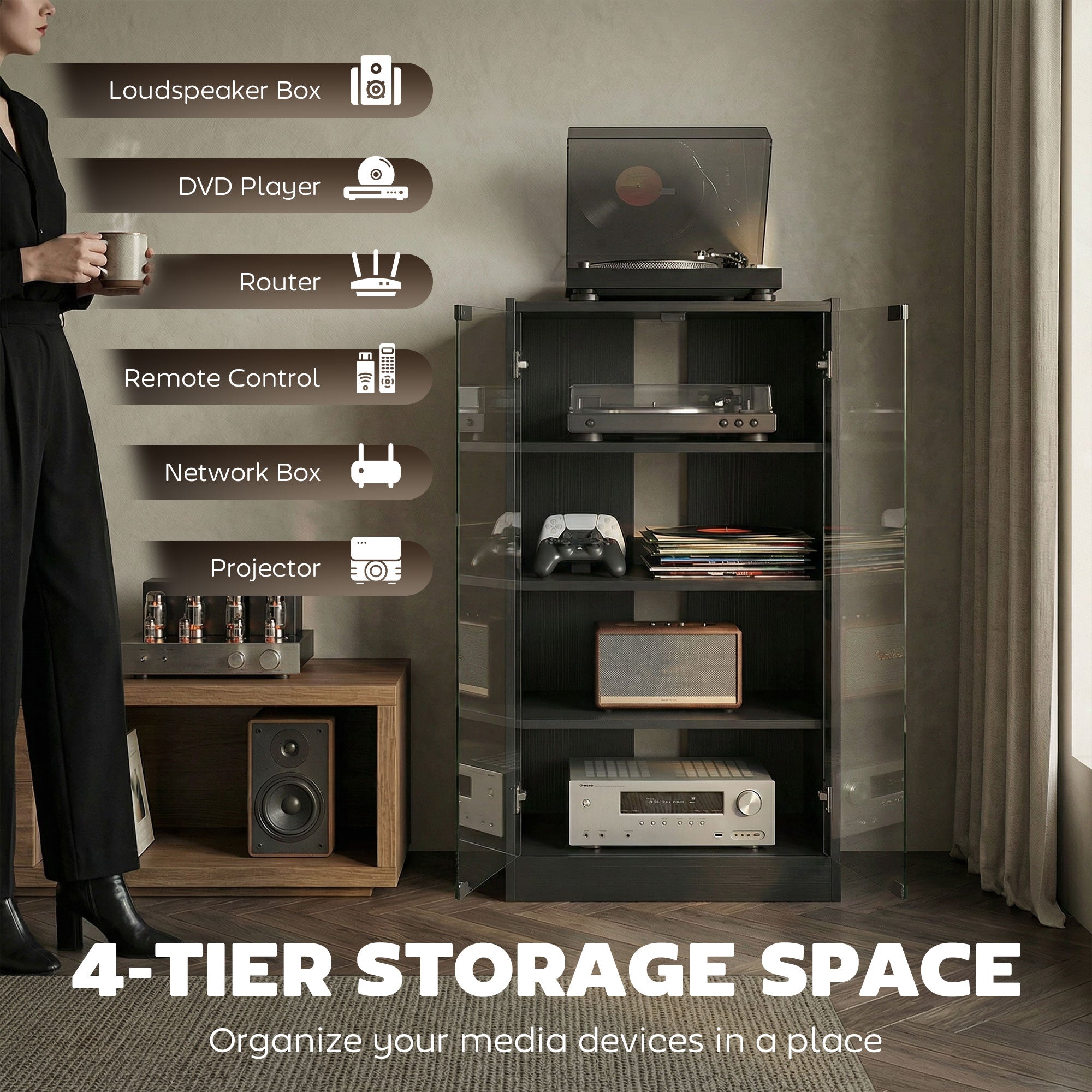 4-Tier Media Cabinet Stand w/ Adjustable Shelves & Cable Management, Distressed Black