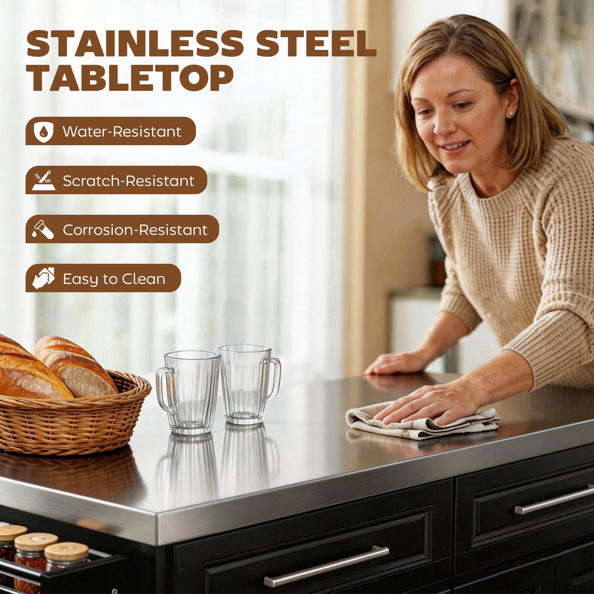 Rolling Kitchen Island with Storage Portable Cart with Stainless Steel Top 2 Drawers Black - HOMCOM