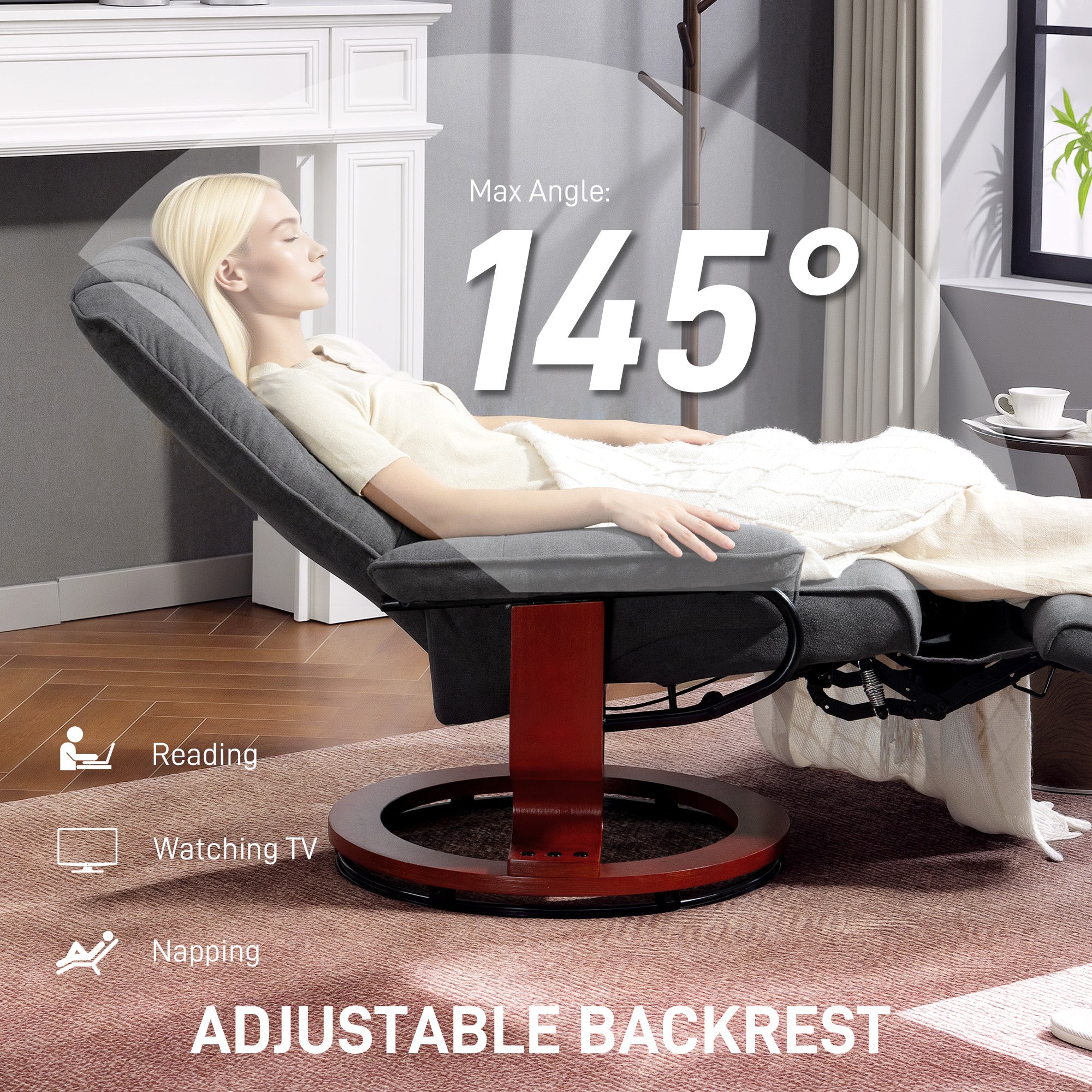 Manual Recliner Chair with Faux Leather Upholstered & Wooden Base for Living Room, Light Grey - HOMCOM