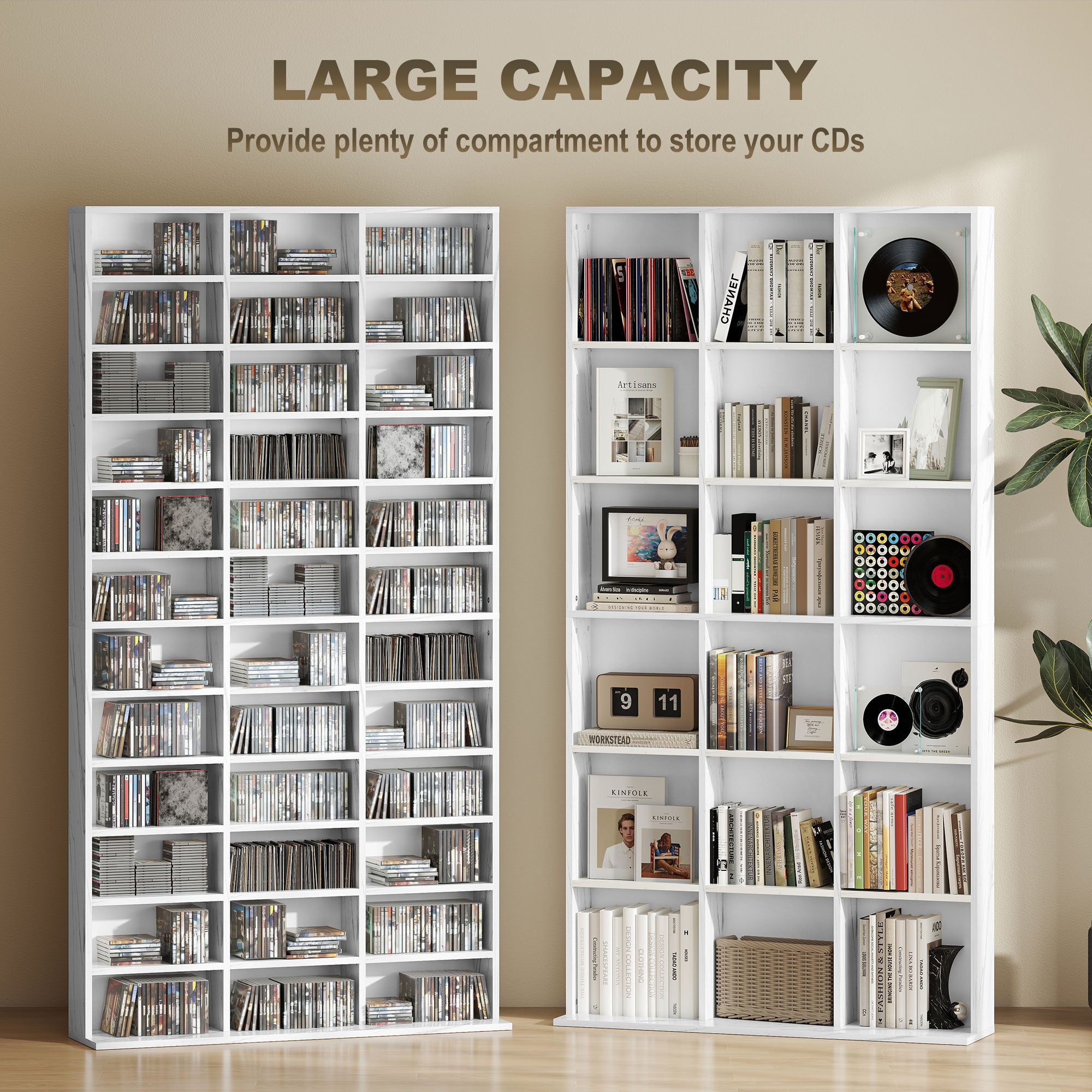 1116 CD/ 528 DVD Storage Unit, Media Storage Shelf, Wooden Display Unit with Adjustable Shelves, 102 x 195 cm, White