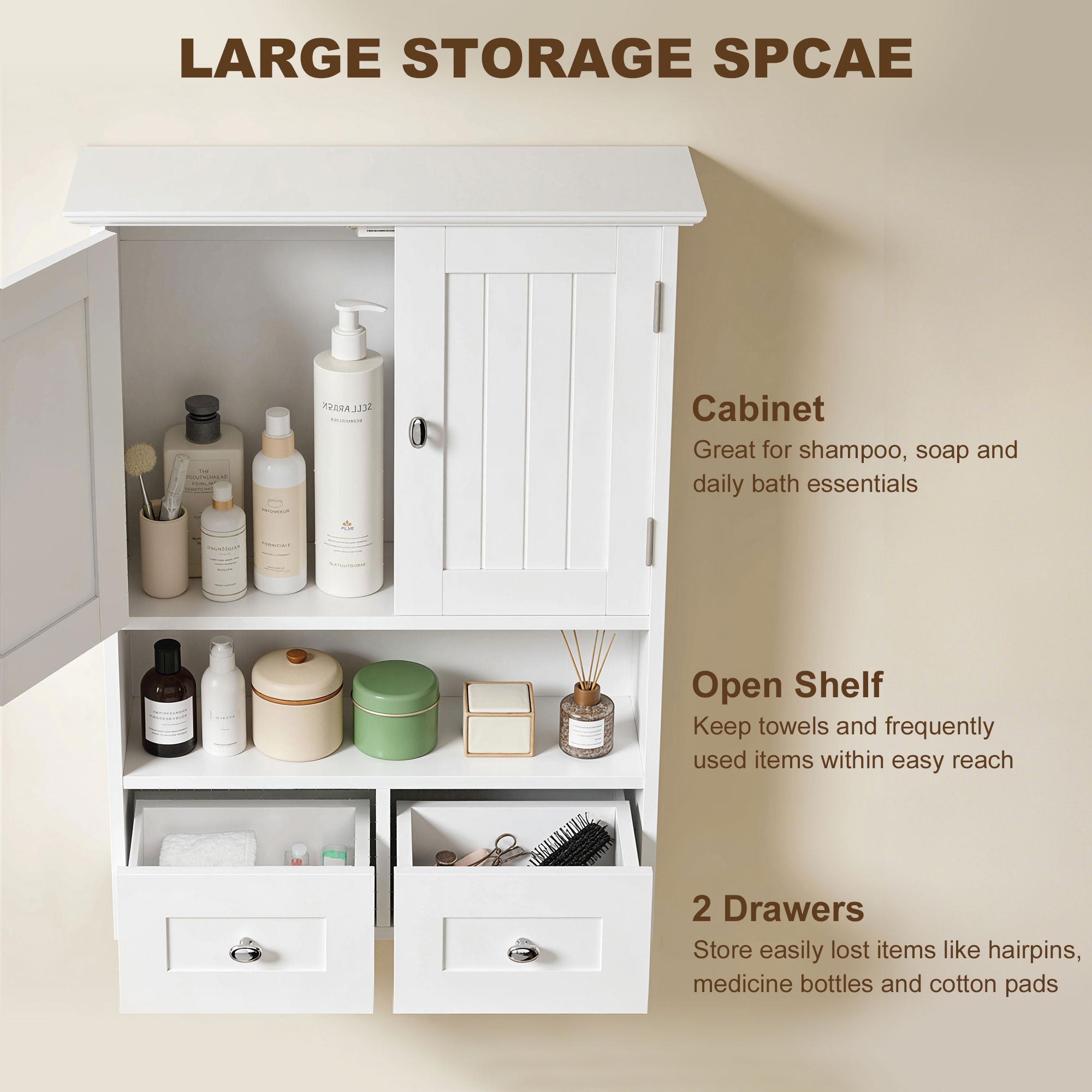 Armoire murale de salle de bain, armoire à pharmacie avec étagère et tiroirs, blanche, à placer au-dessus des toilettes