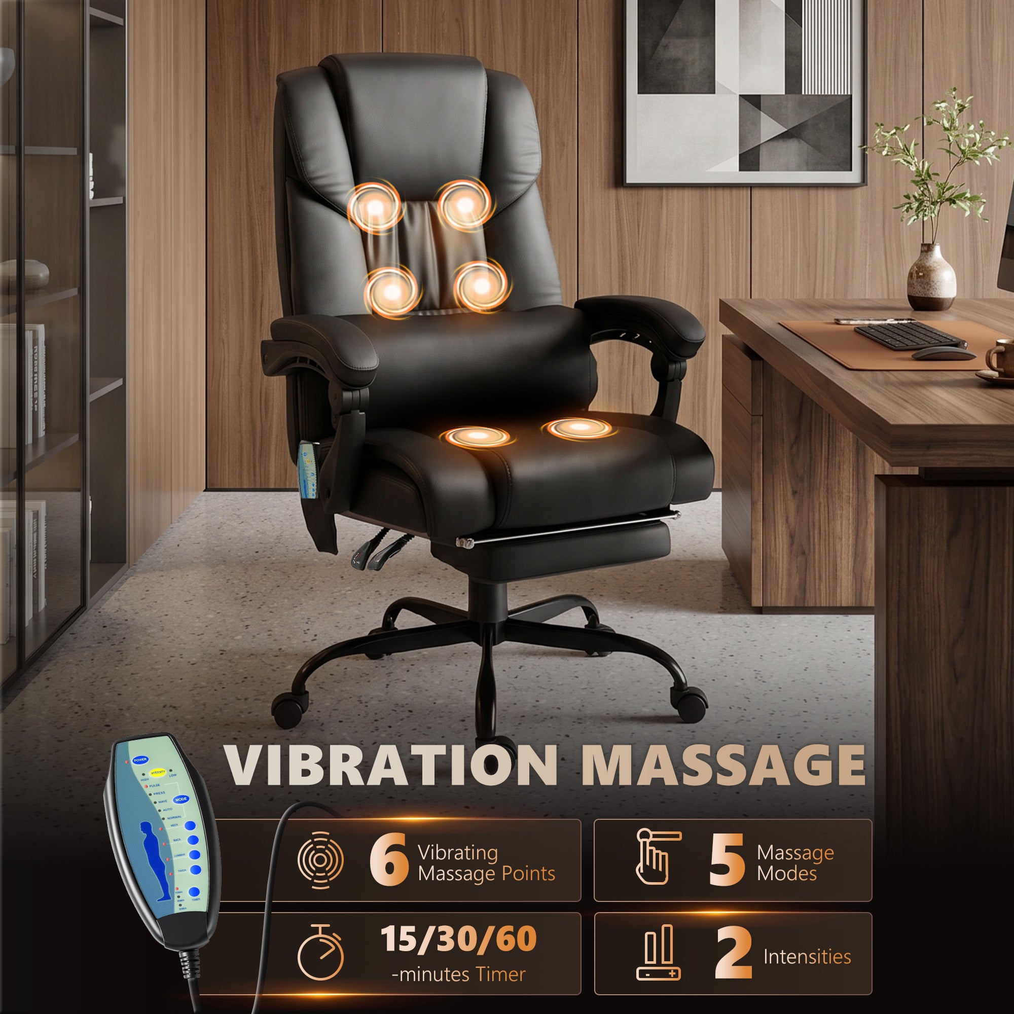 High Back Massage Office Chair with 6 Vibration Points, PU Leather Reclining Computer Chair, Ergonomic Desk Chair Black