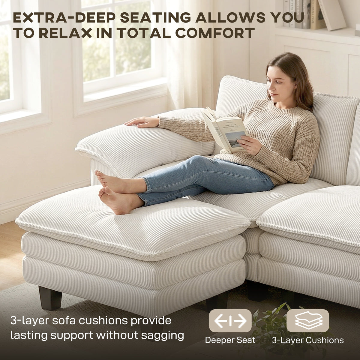 124" L Shaped Sectional Sofa with Movable Ottoman, 3 Seat, 2200lb Capacity, Beige
