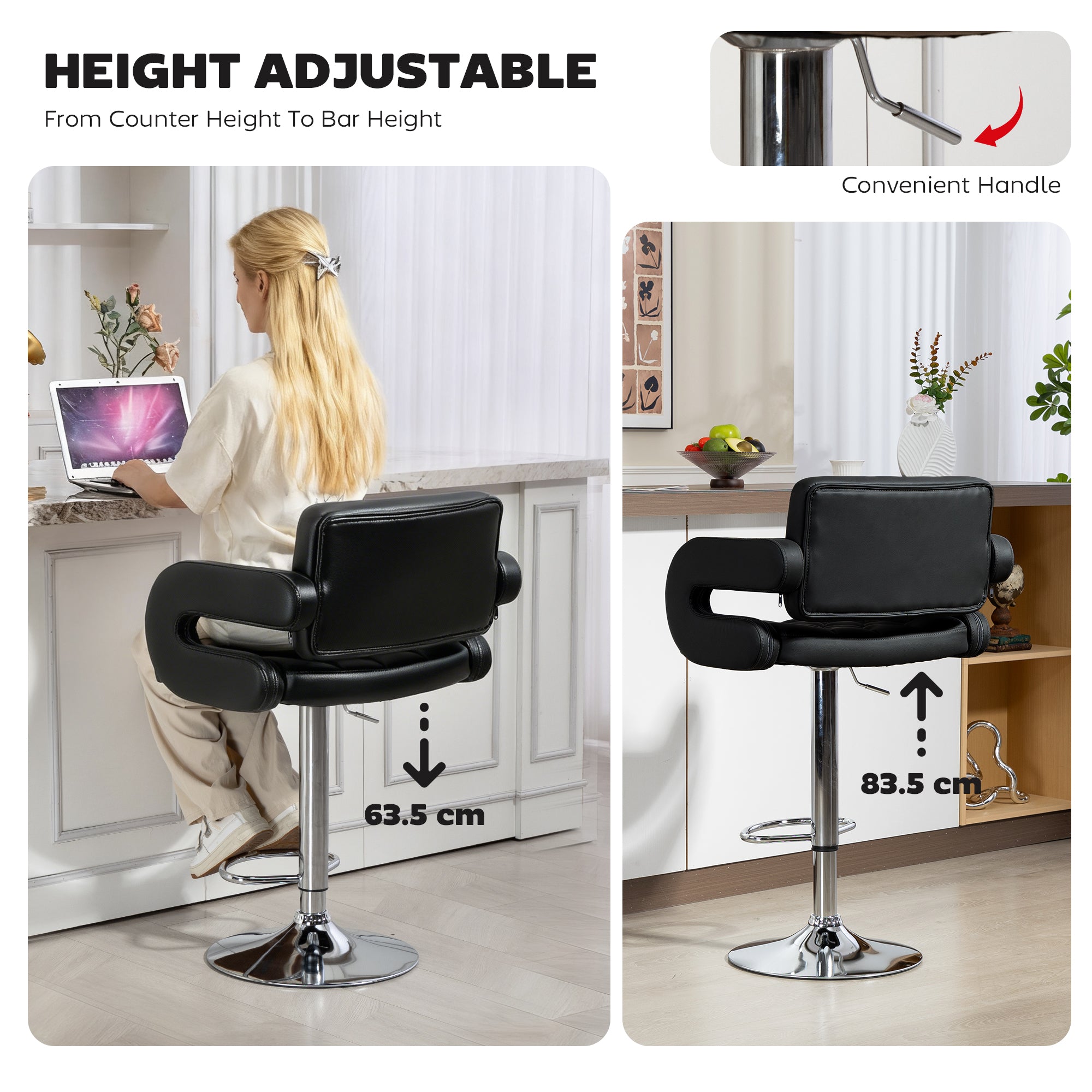 Swivel PU Leather Bar Stool with Extra-Large Seat, Armrest & Footrest, Black