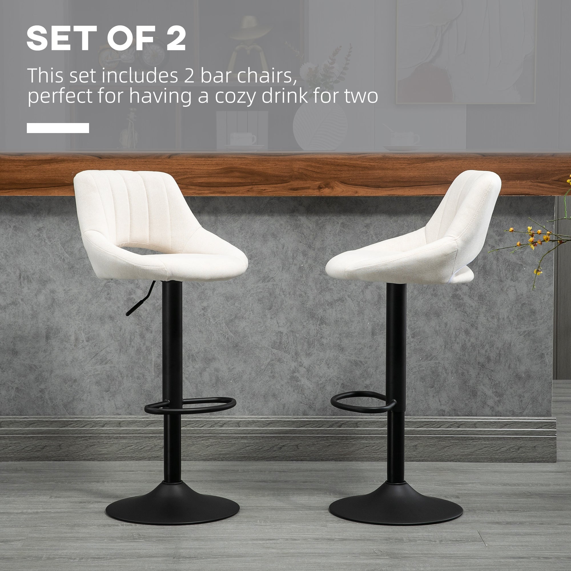 Set of 2 Adjustable Linen Swivel Bar Stools with Round Metal Base, Cream