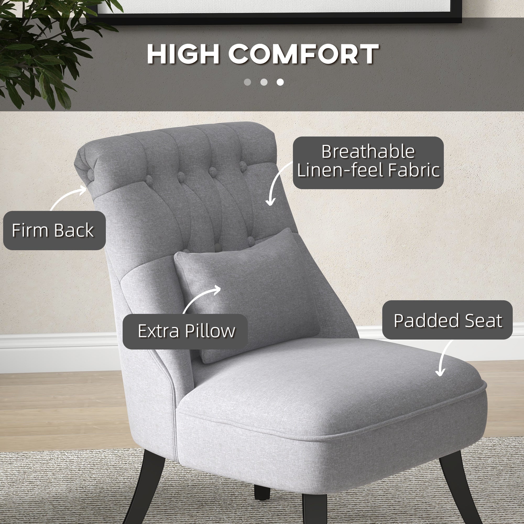 Fabric Single Sofa, Dining Chair with Pillow & Solid Wood Leg for Living Room, Grey