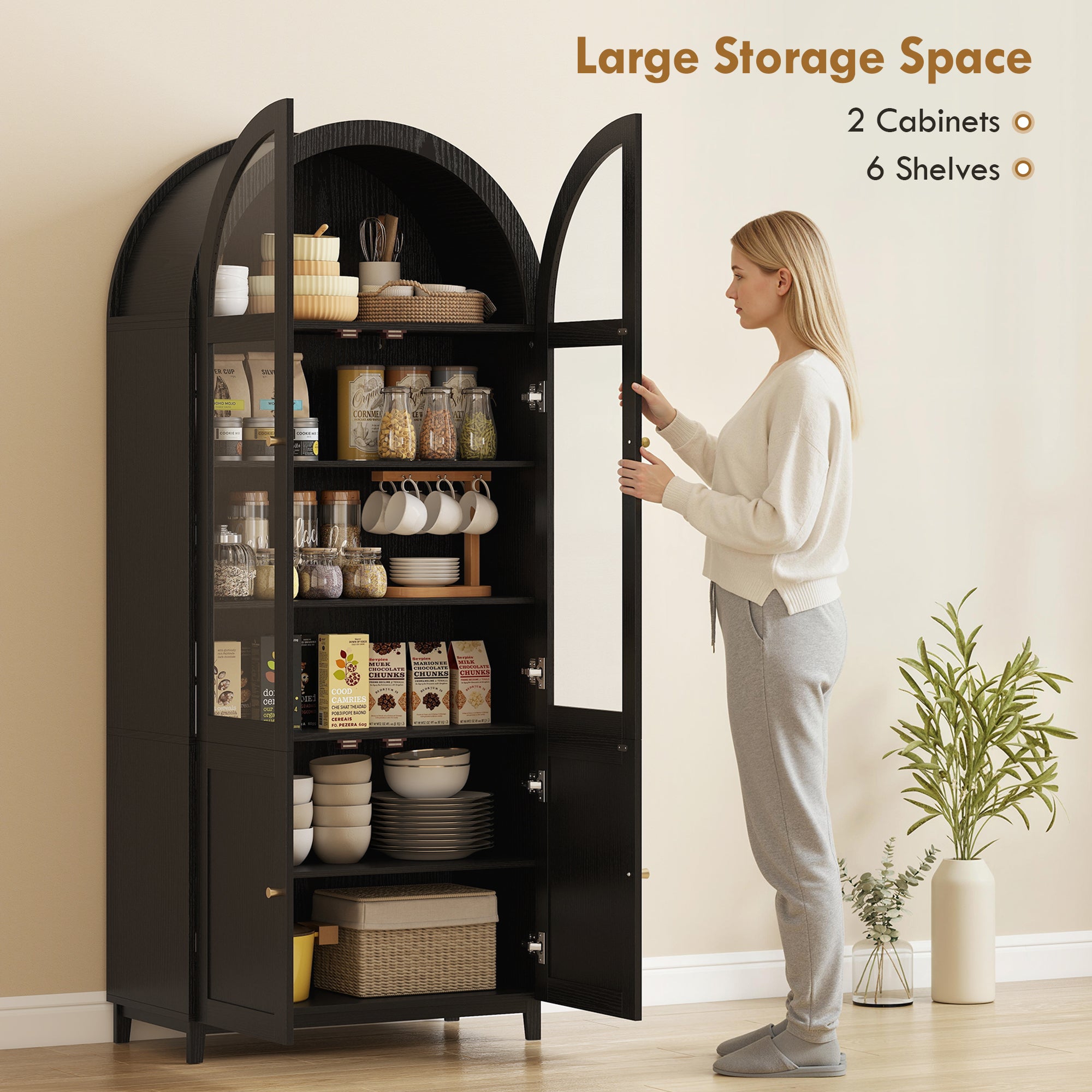 71" Tall Arched Kitchen Pantry Cabinet, Farmhouse Freestanding Kitchen Storage Cabinet with Adjustable Shelves, Acrylic Doors for Living Room, Dining Room, Black - HOMCOM