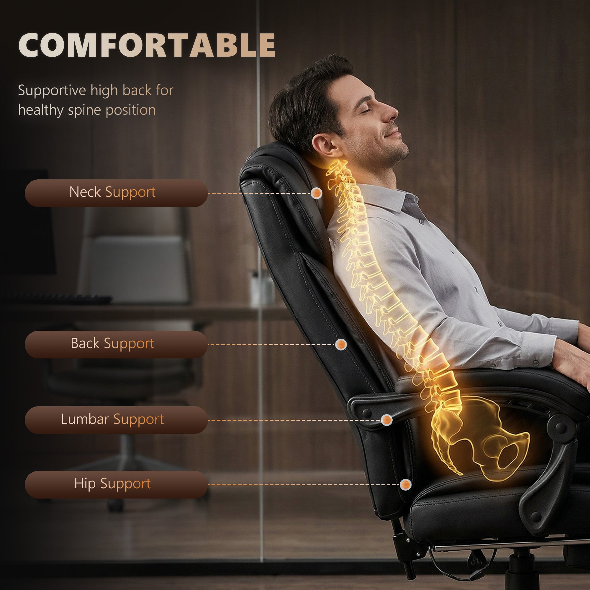 High Back Massage Office Chair with 6 Vibration Points, PU Leather Reclining Computer Chair, Ergonomic Desk Chair Black