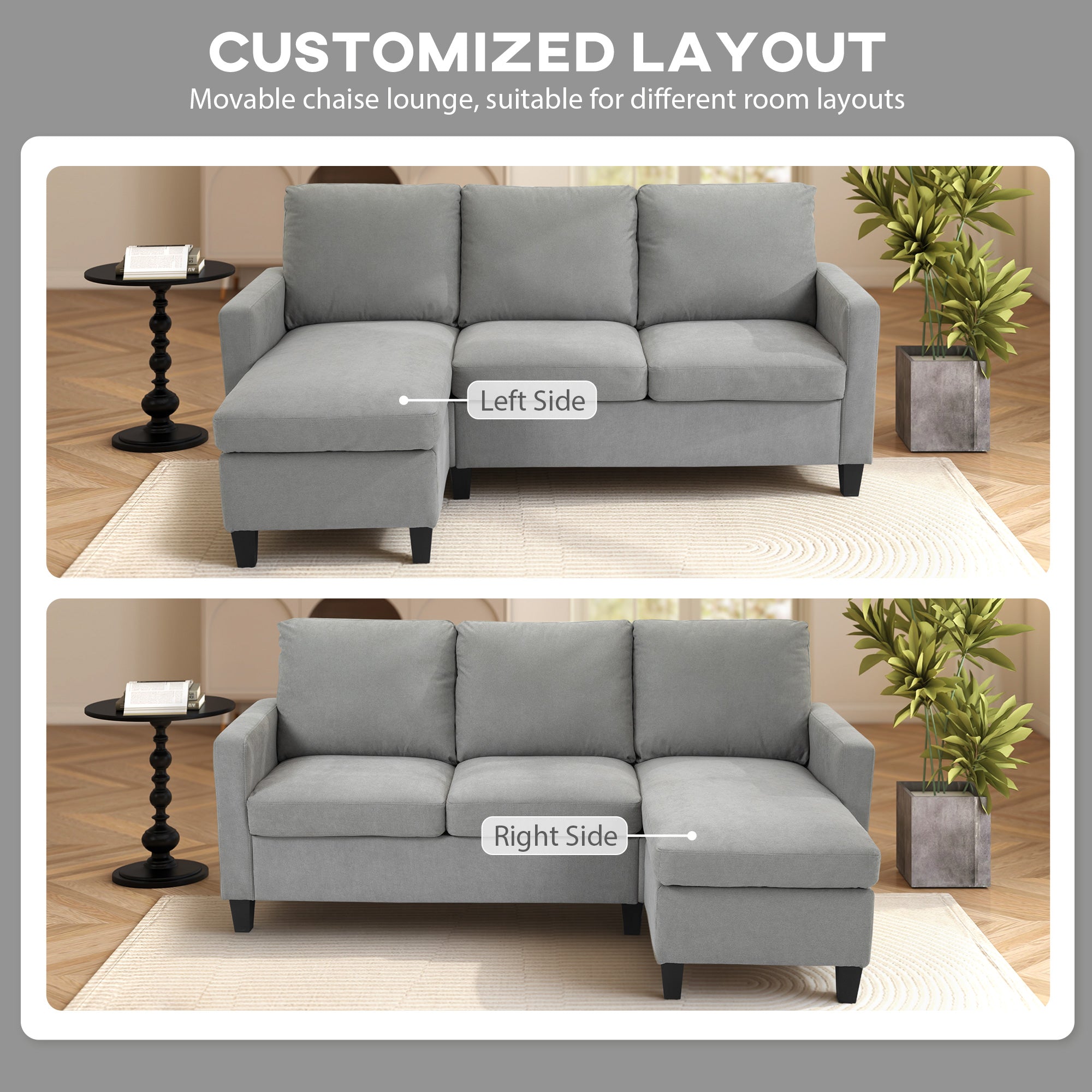 Canapé d'angle 3 places en L avec pouf pour salon, gris clair
