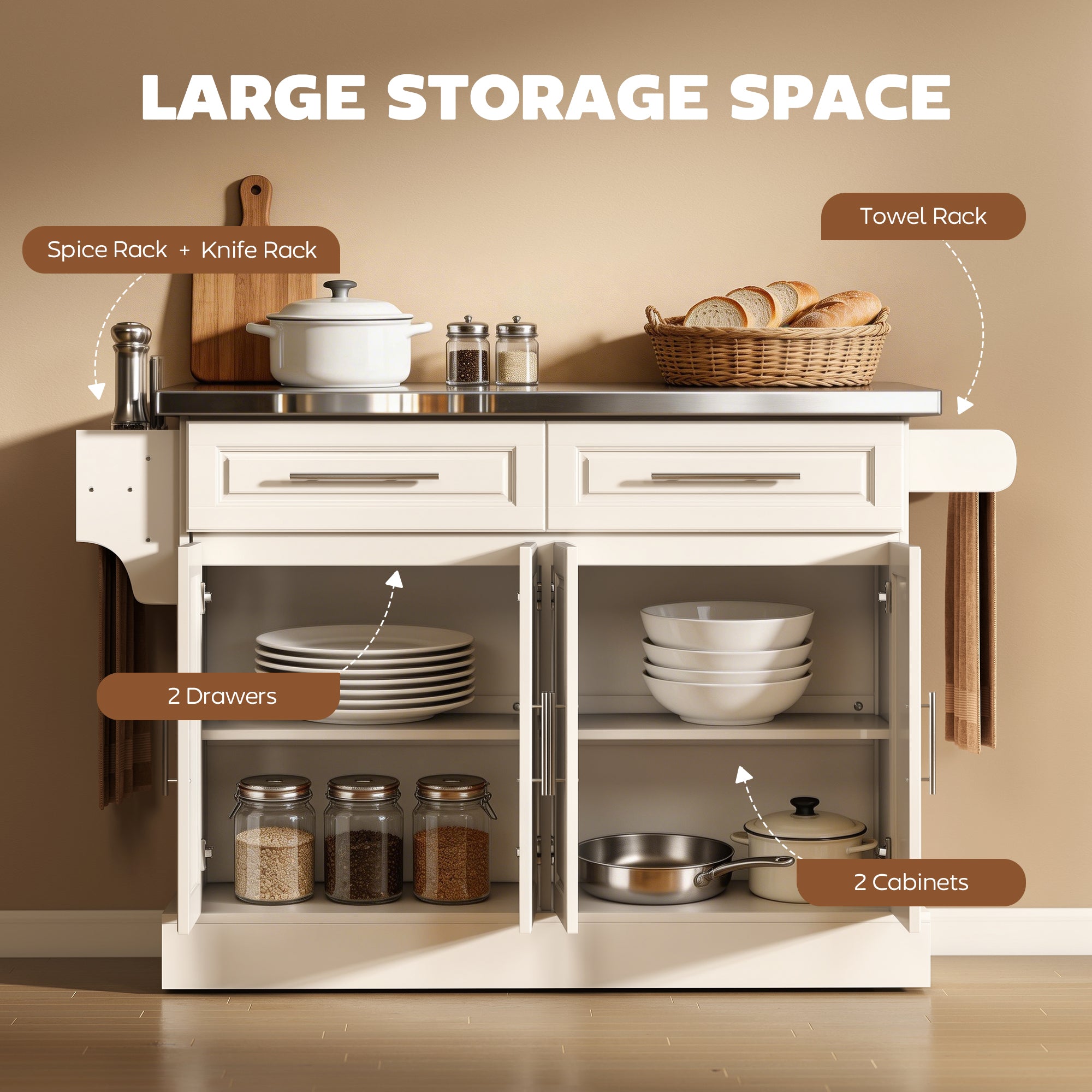36" Stainless Steel Top Kitchen Island with Storage Drawers, Racks & Cabinets, Cream White - HOMCOM