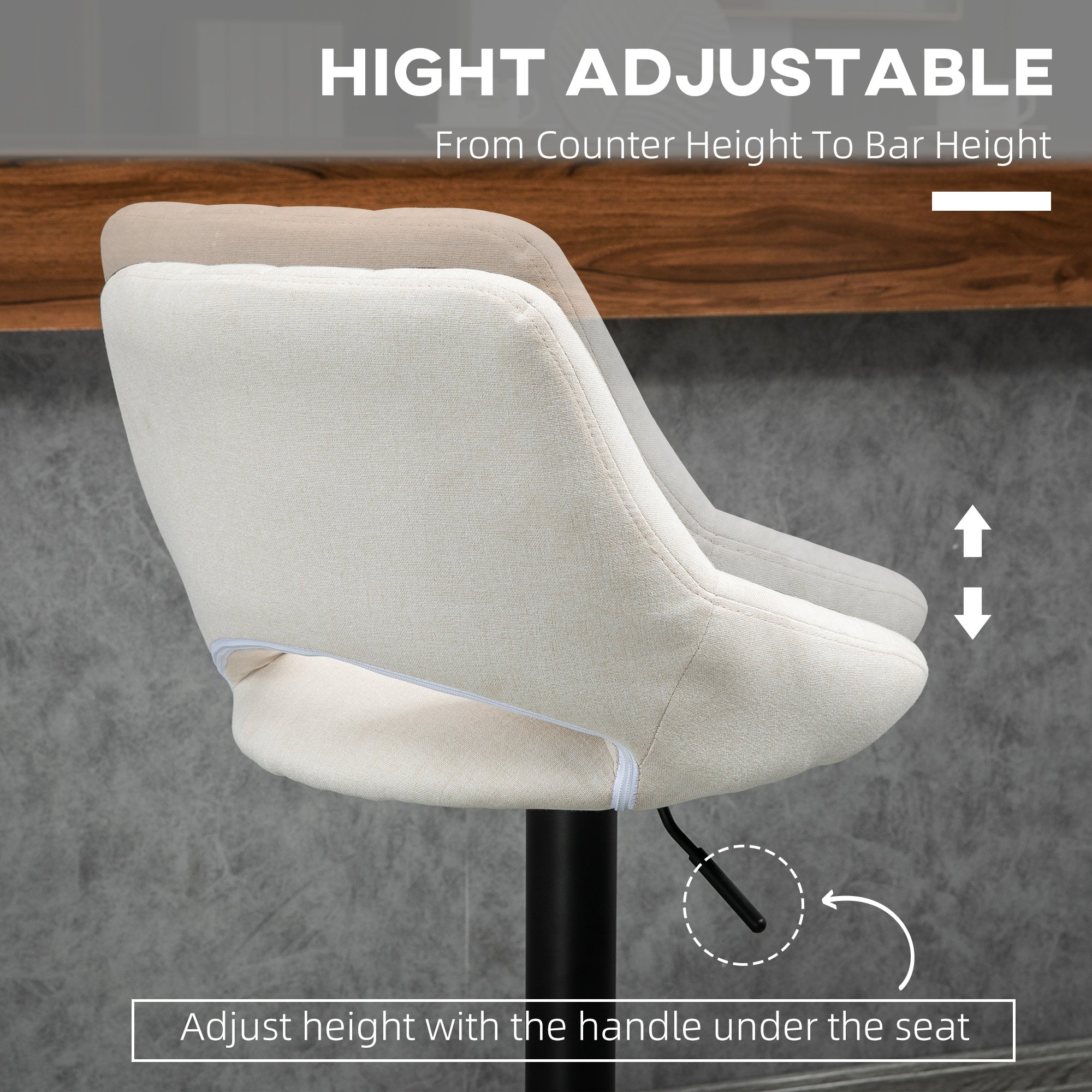 Set of 2 Adjustable Linen Swivel Bar Stools with Round Metal Base, Cream