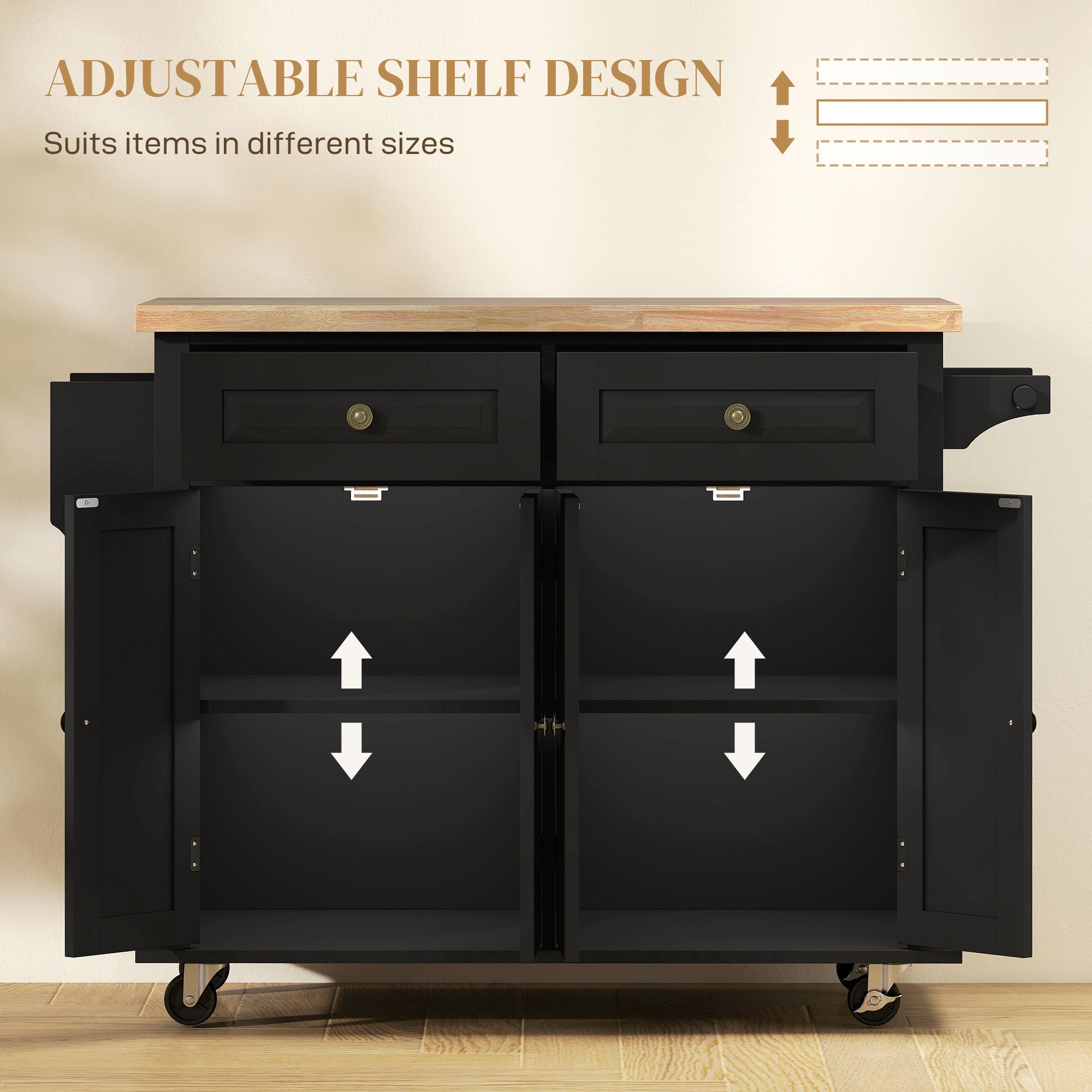 GlideSpace Rolling Kitchen Island Storage Trolley with Rubber Wood Top & Drawers for Dining Room, Black - HOMCOM