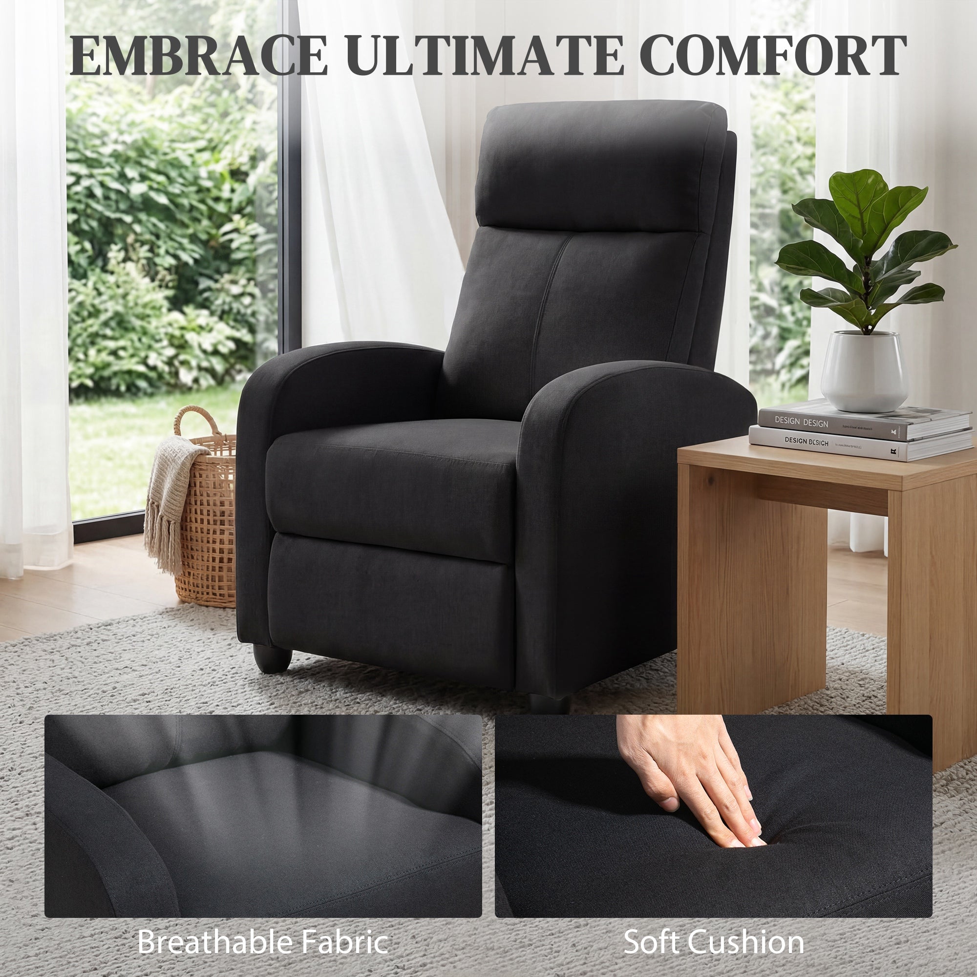 Push Back Recliner Chair with Padded Seat, Black - HOMCOM
