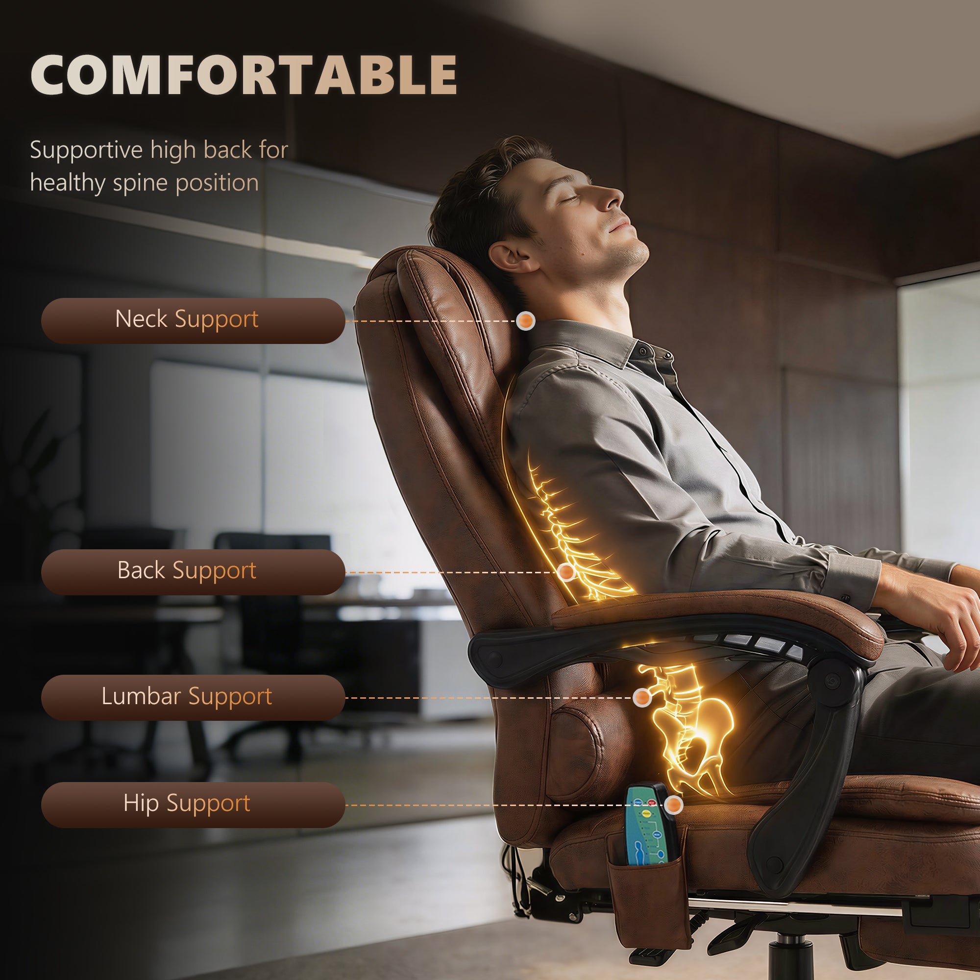 Office Chair with 6-Point Massage and Back Heat, Reclining Back & Footrest, Brown