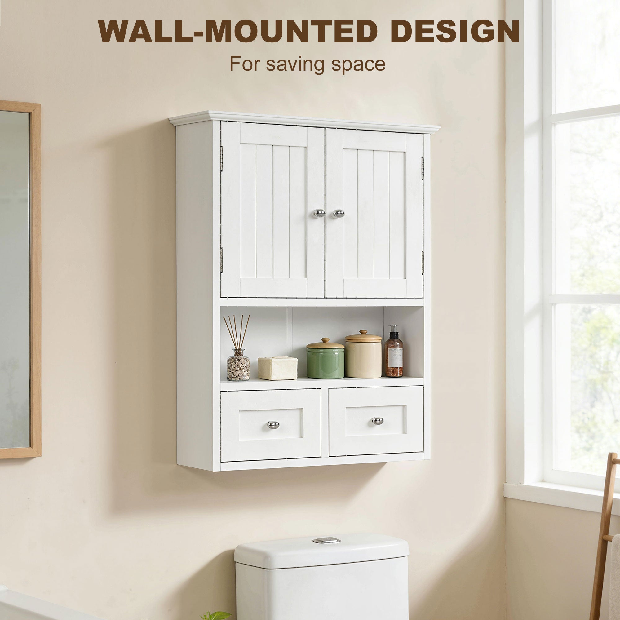 Armoire murale de salle de bain, armoire à pharmacie avec étagère et tiroirs, blanche, à placer au-dessus des toilettes