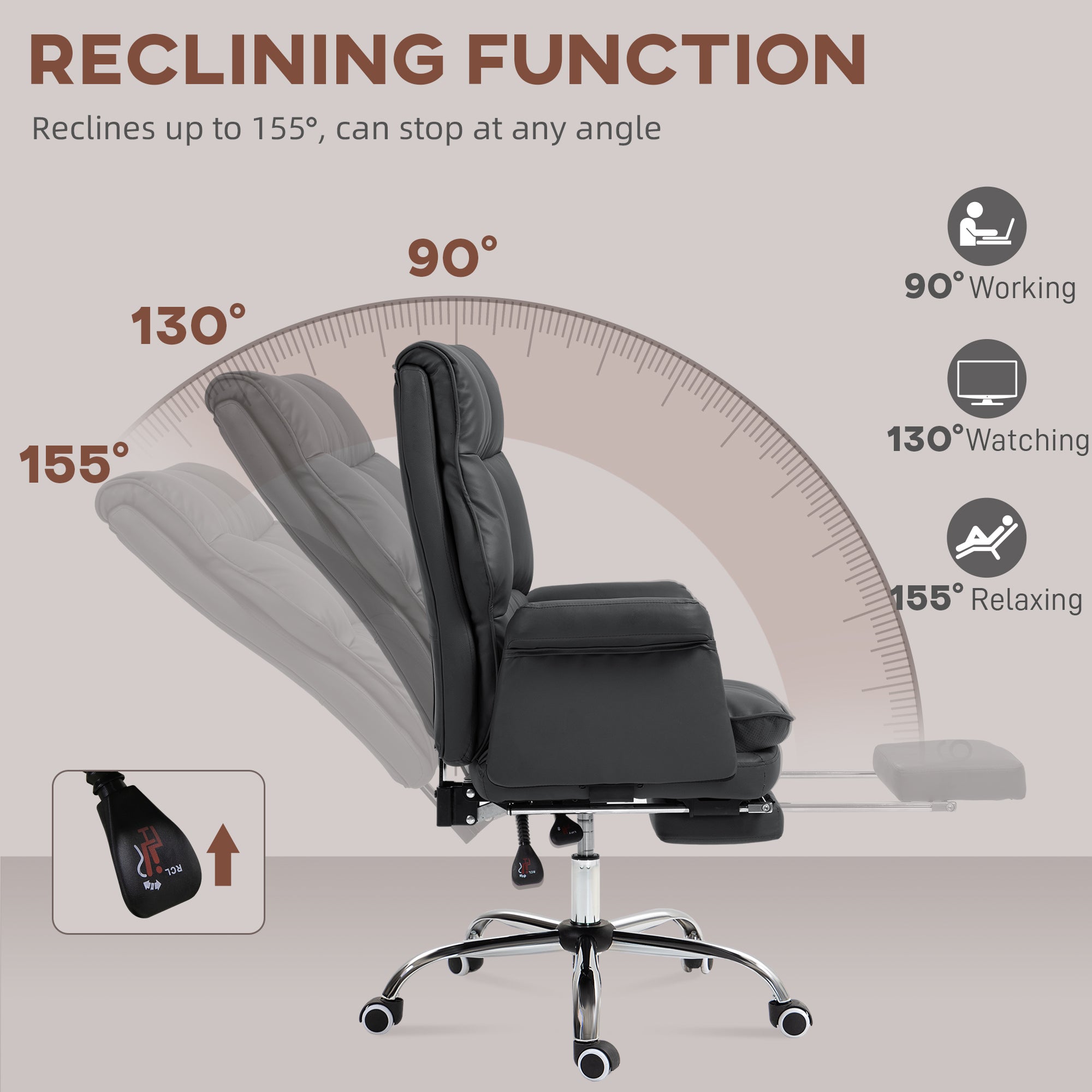 PU Leather Executive Office Chair Ergonomic Reclining Desk Chair with Footrest Black