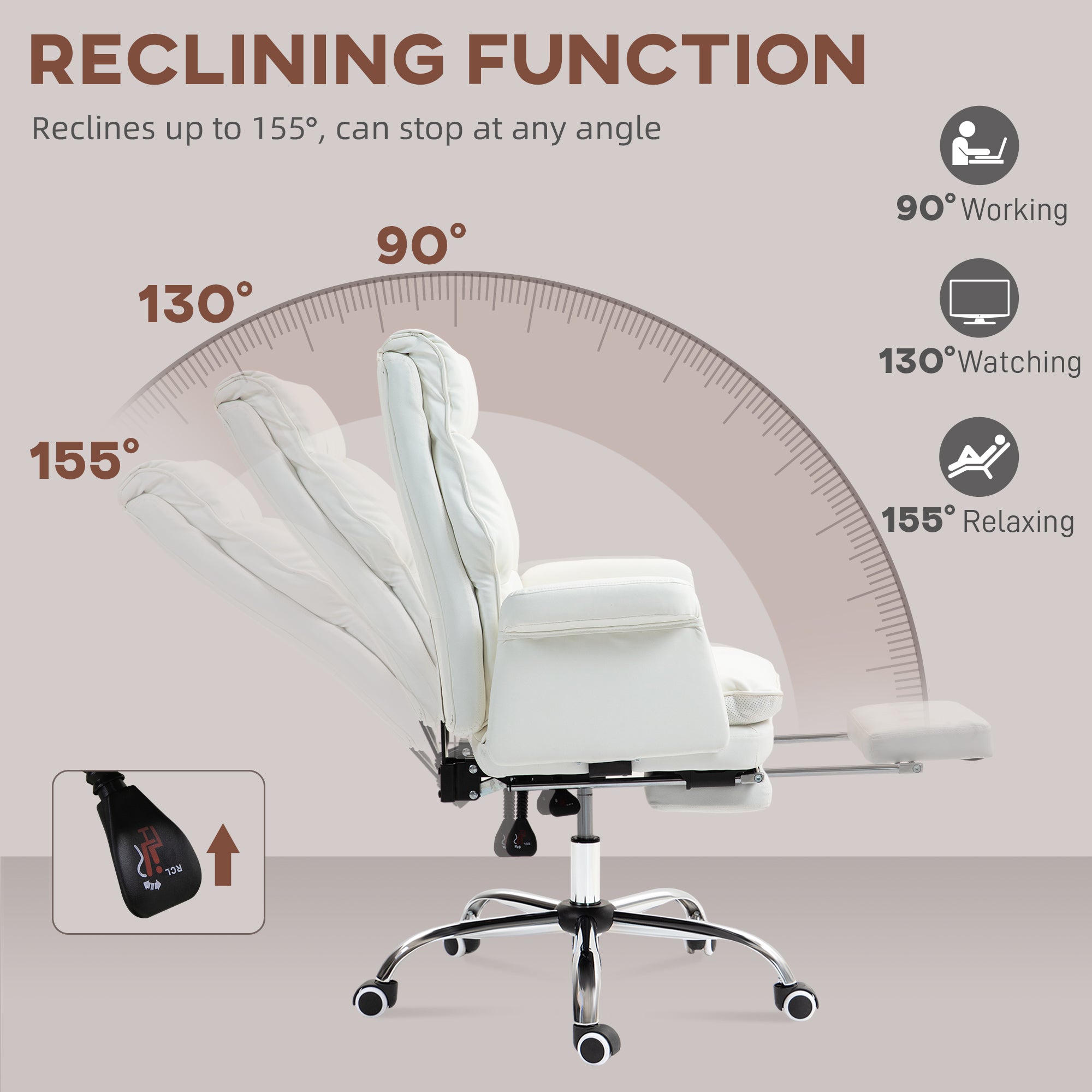 PU Leather Executive Office Chair Ergonomic Reclining Desk Chair with Footrest White
