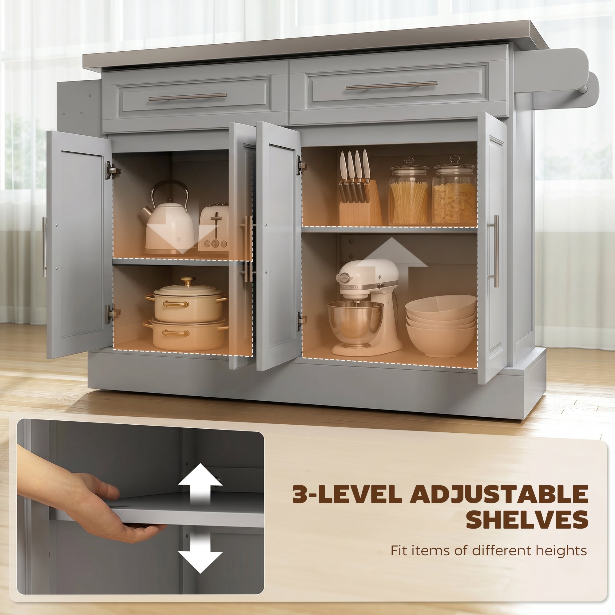 Rolling Kitchen Island with Storage Portable Cart with Stainless Steel Top 2 Drawers Gray
