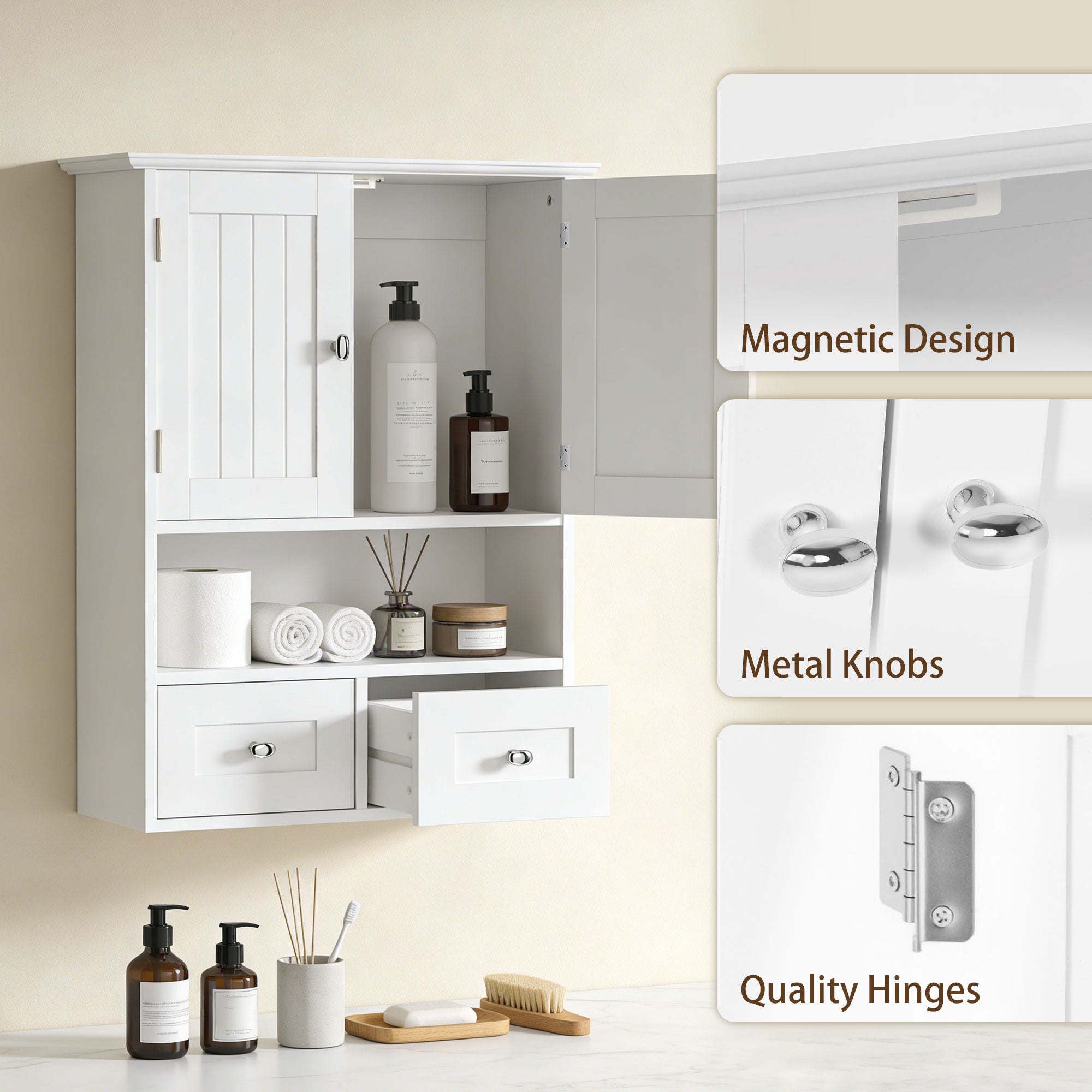 Armoire murale de salle de bain, armoire à pharmacie avec étagère et tiroirs, blanche, à placer au-dessus des toilettes