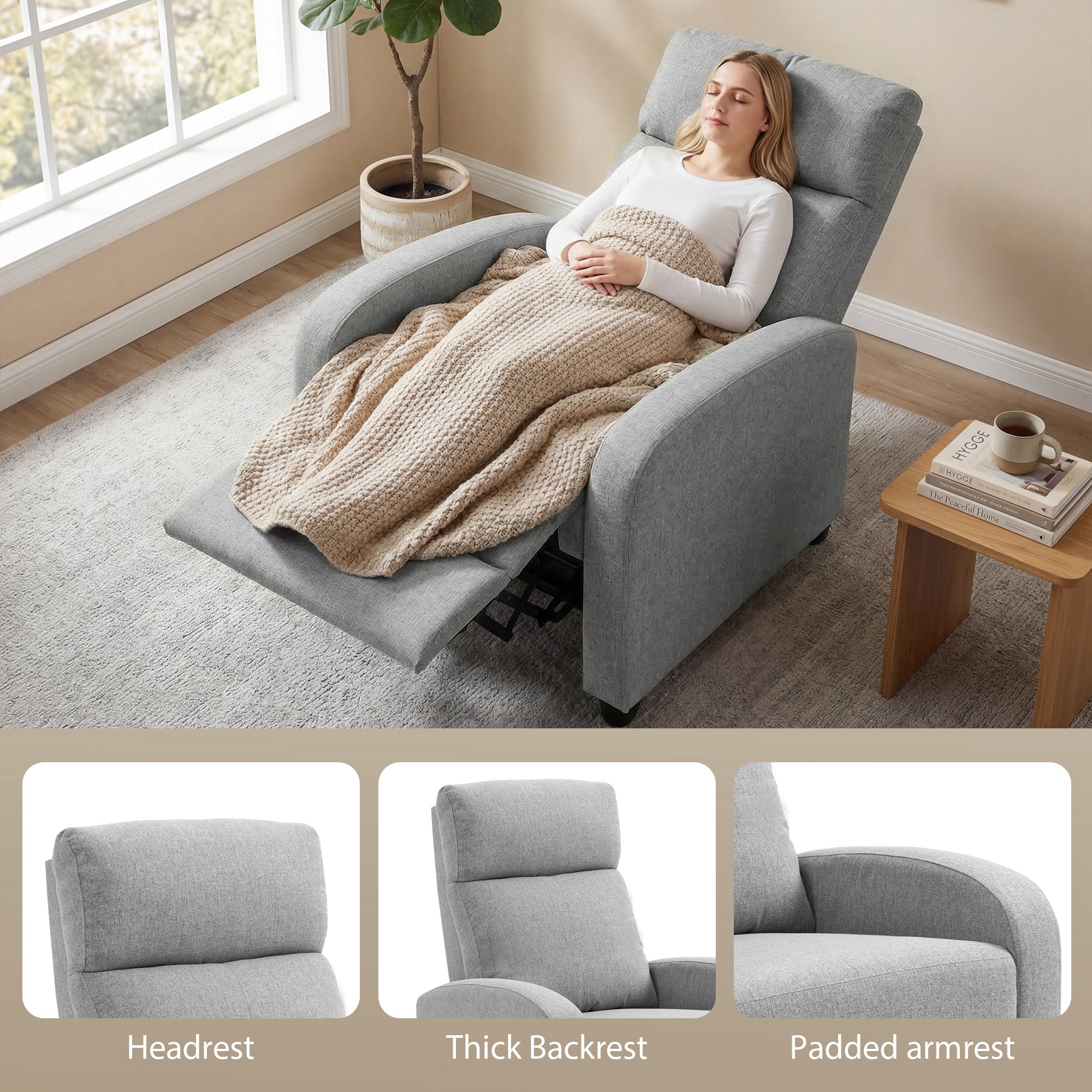 Push Back Recliner Chair with Padded Seat, Light Grey - HOMCOM