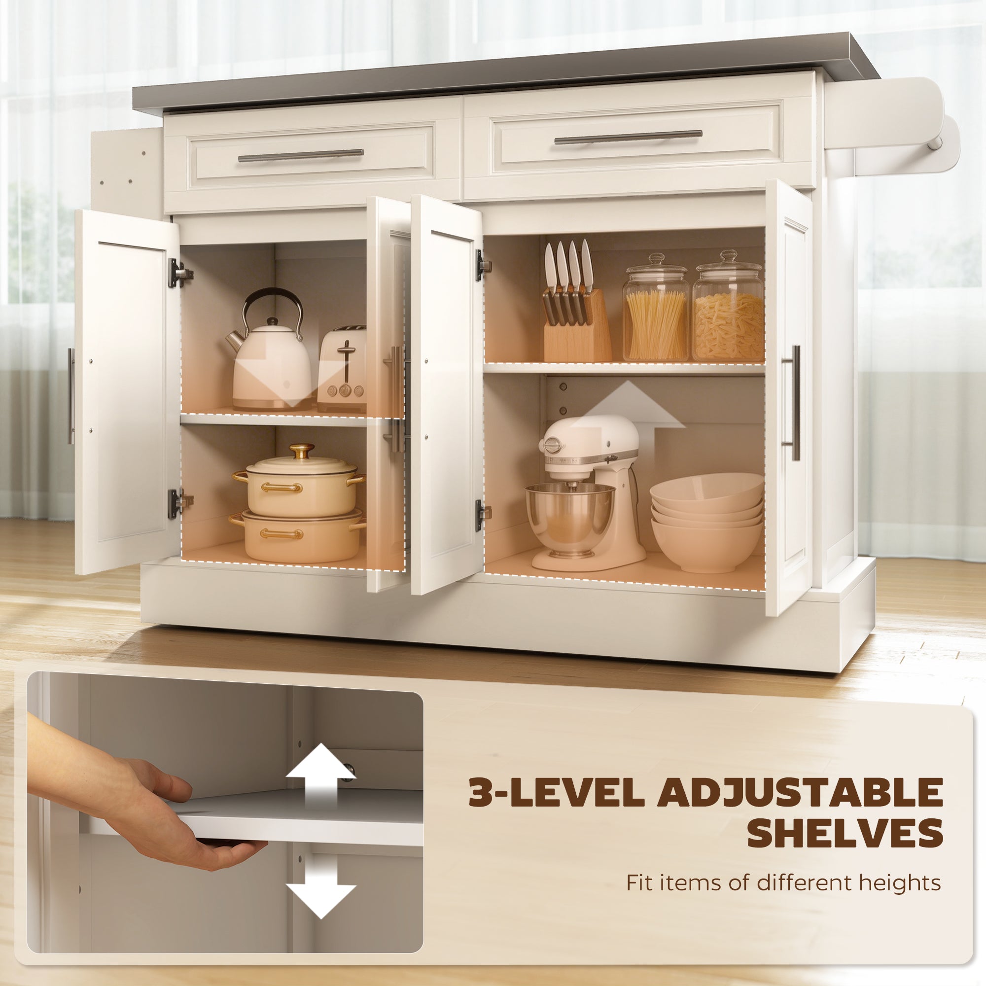 36" Stainless Steel Top Kitchen Island with Storage Drawers, Racks & Cabinets, Cream White - HOMCOM