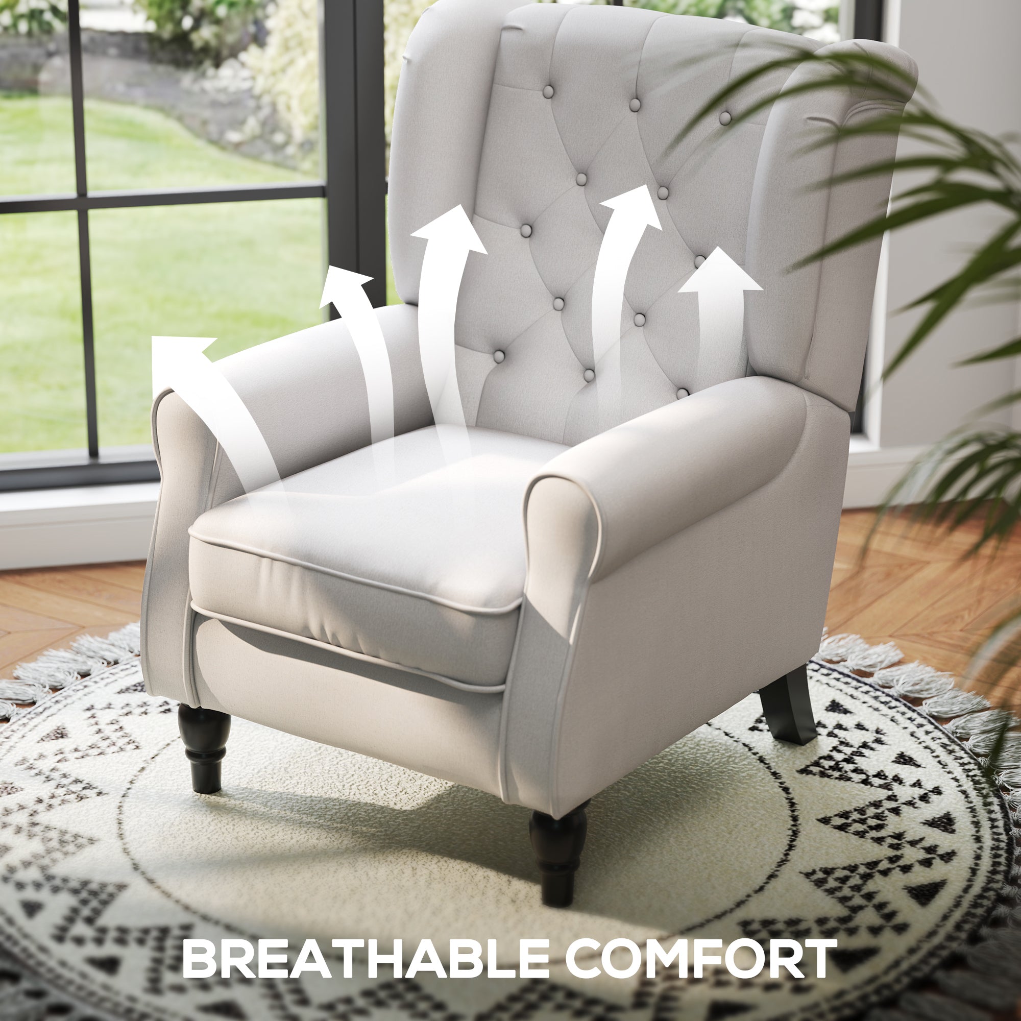 Mid-Century Accent Chair w/ High Wingback, Button-Tufted Fabric & Retro Wood Legs, Cream White