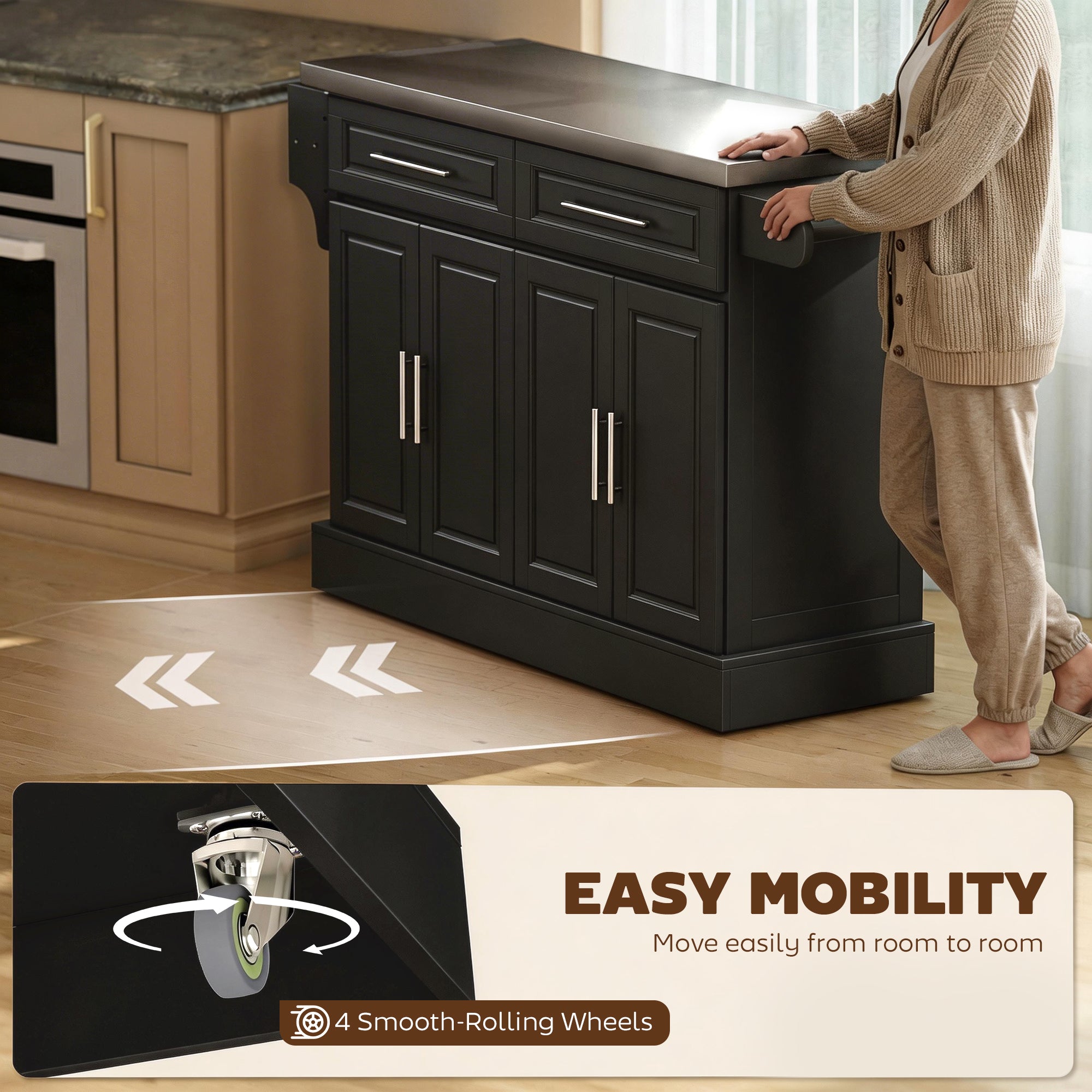 Rolling Kitchen Island with Storage Portable Cart with Stainless Steel Top 2 Drawers Black - HOMCOM