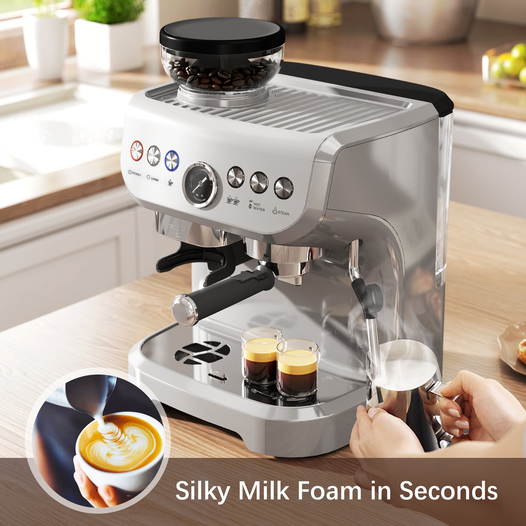 Espresso Machine with Integrated Bean Grinder & Steam Wand, Stainless Steel Silver