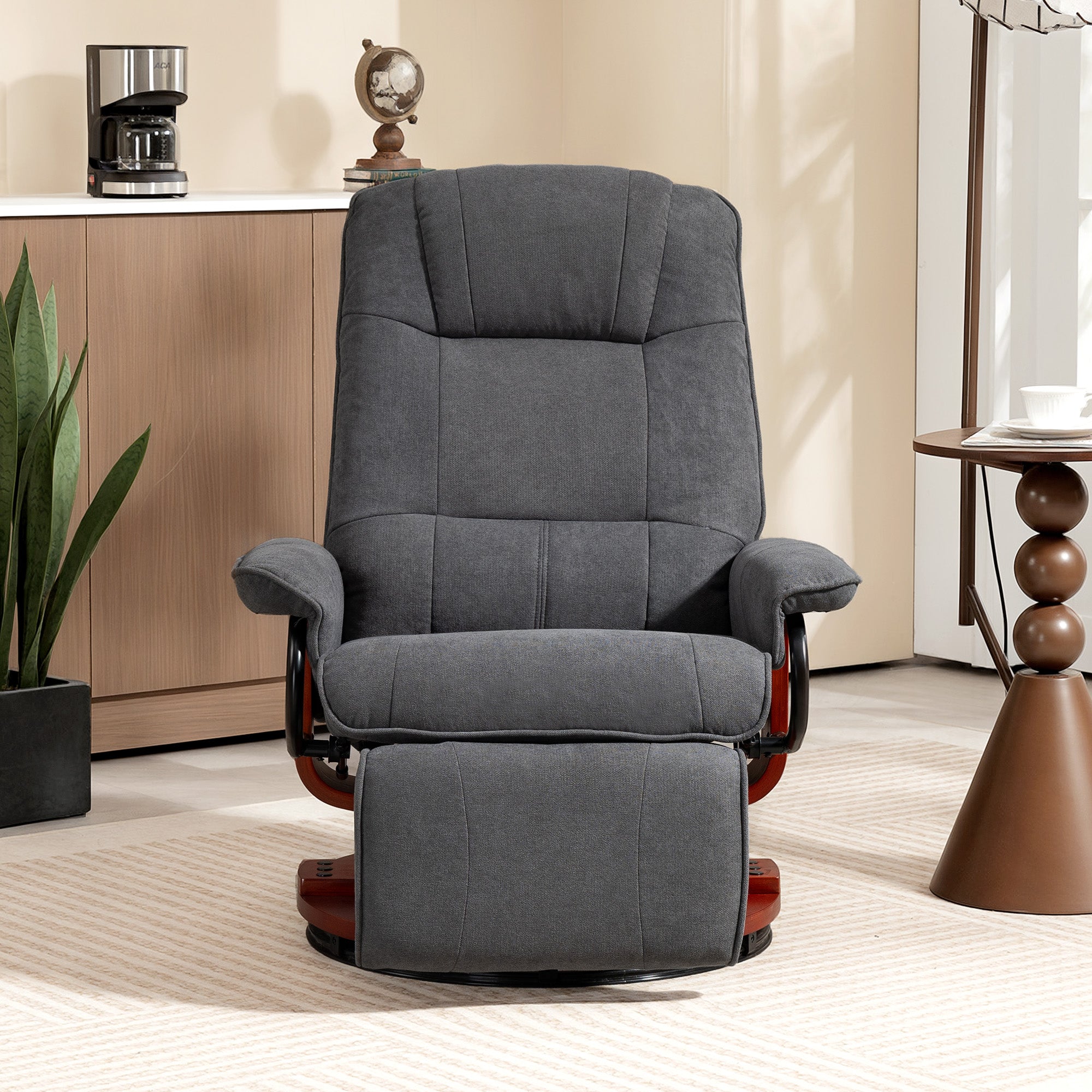 Manual Recliner Chair with Faux Leather Upholstered & Wooden Base for Living Room, Light Grey - HOMCOM