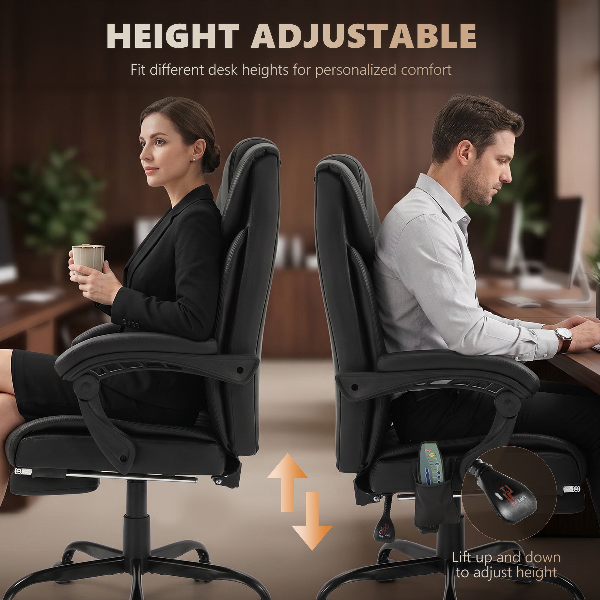 High Back Massage Office Chair with 6 Vibration Points, PU Leather Reclining Computer Chair, Ergonomic Desk Chair Black