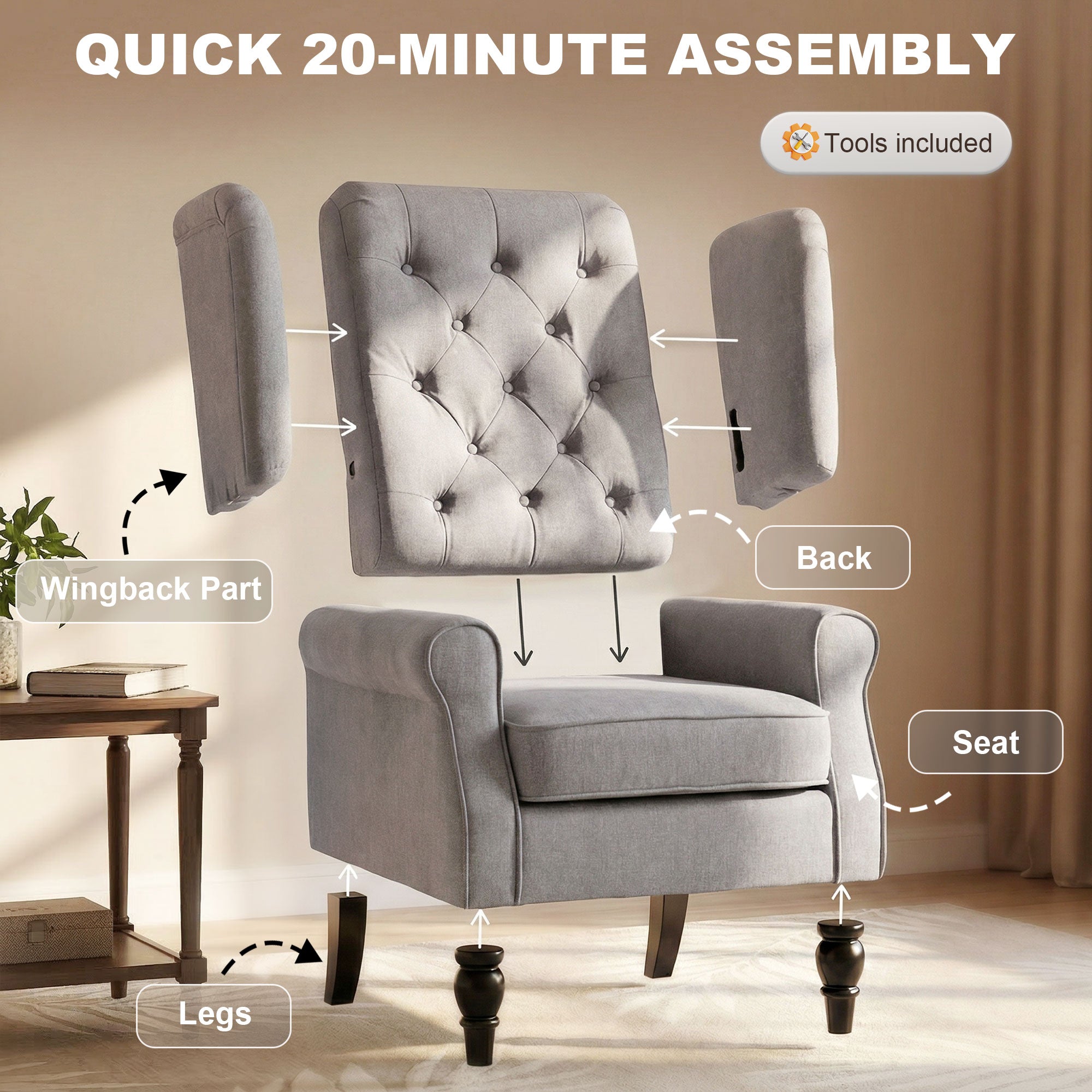 Retro Button Tufted Accent Armchair with Wooden Frame and Legs for Living Room, Bedroom, Grey - HOMCOM