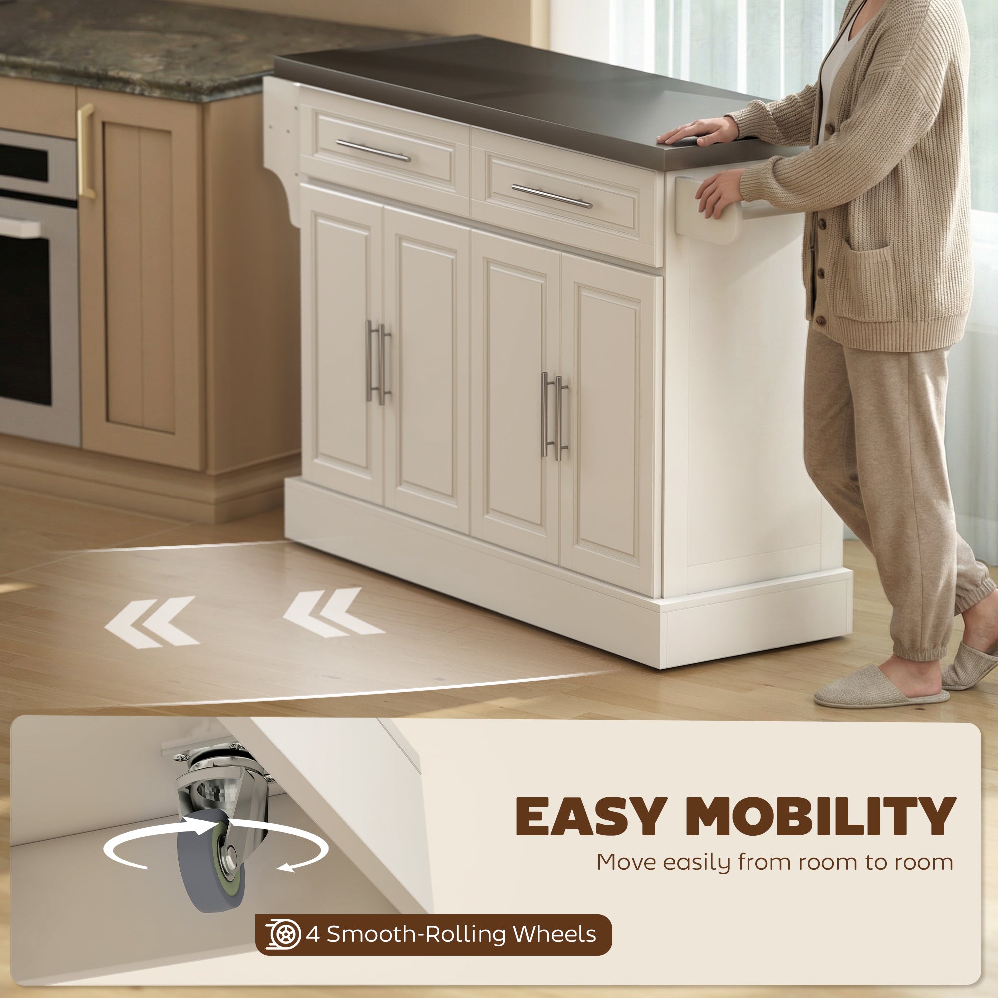 36" Stainless Steel Top Kitchen Island with Storage Drawers, Racks & Cabinets, Cream White - HOMCOM