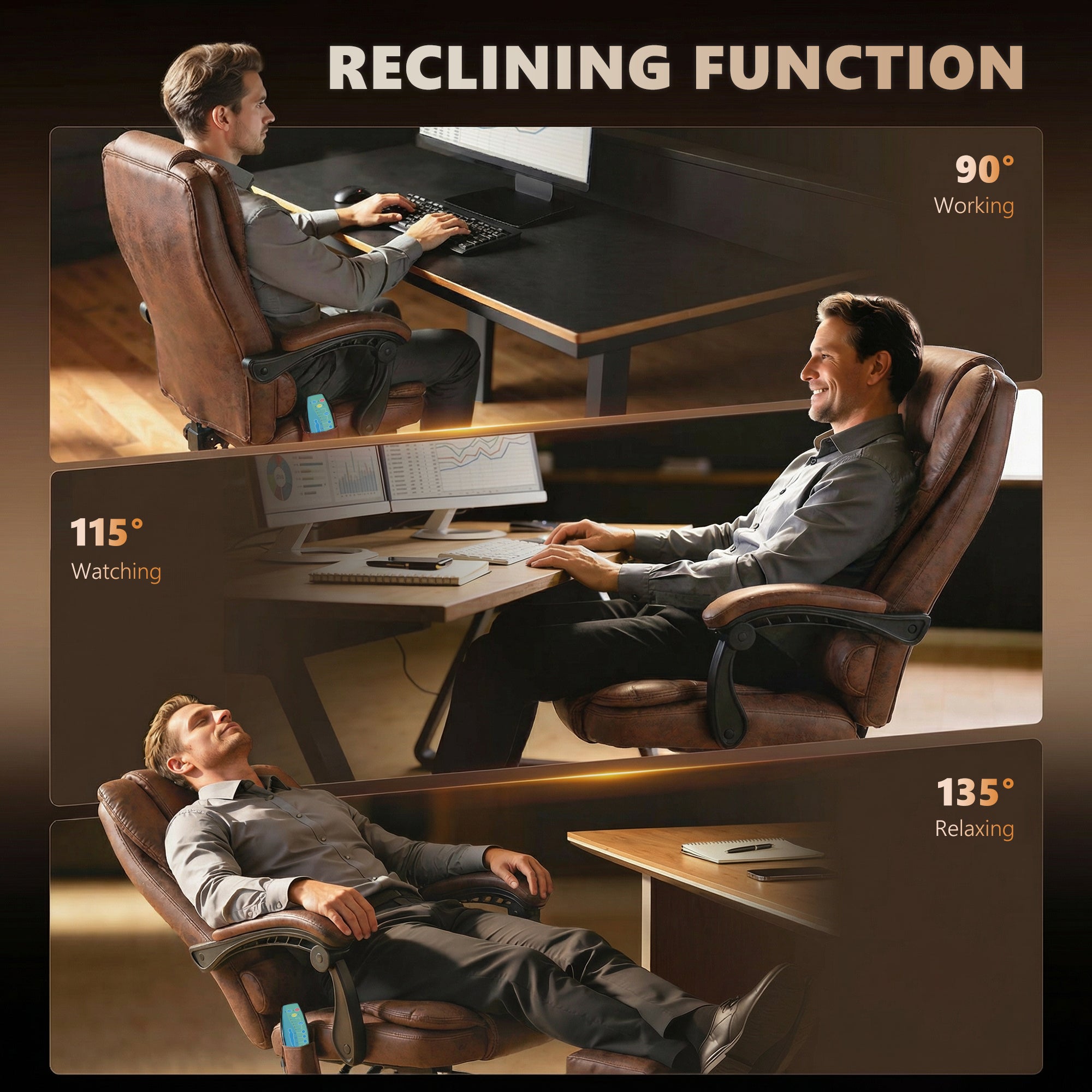Office Chair with 6-Point Massage and Back Heat, Reclining Back & Footrest, Brown