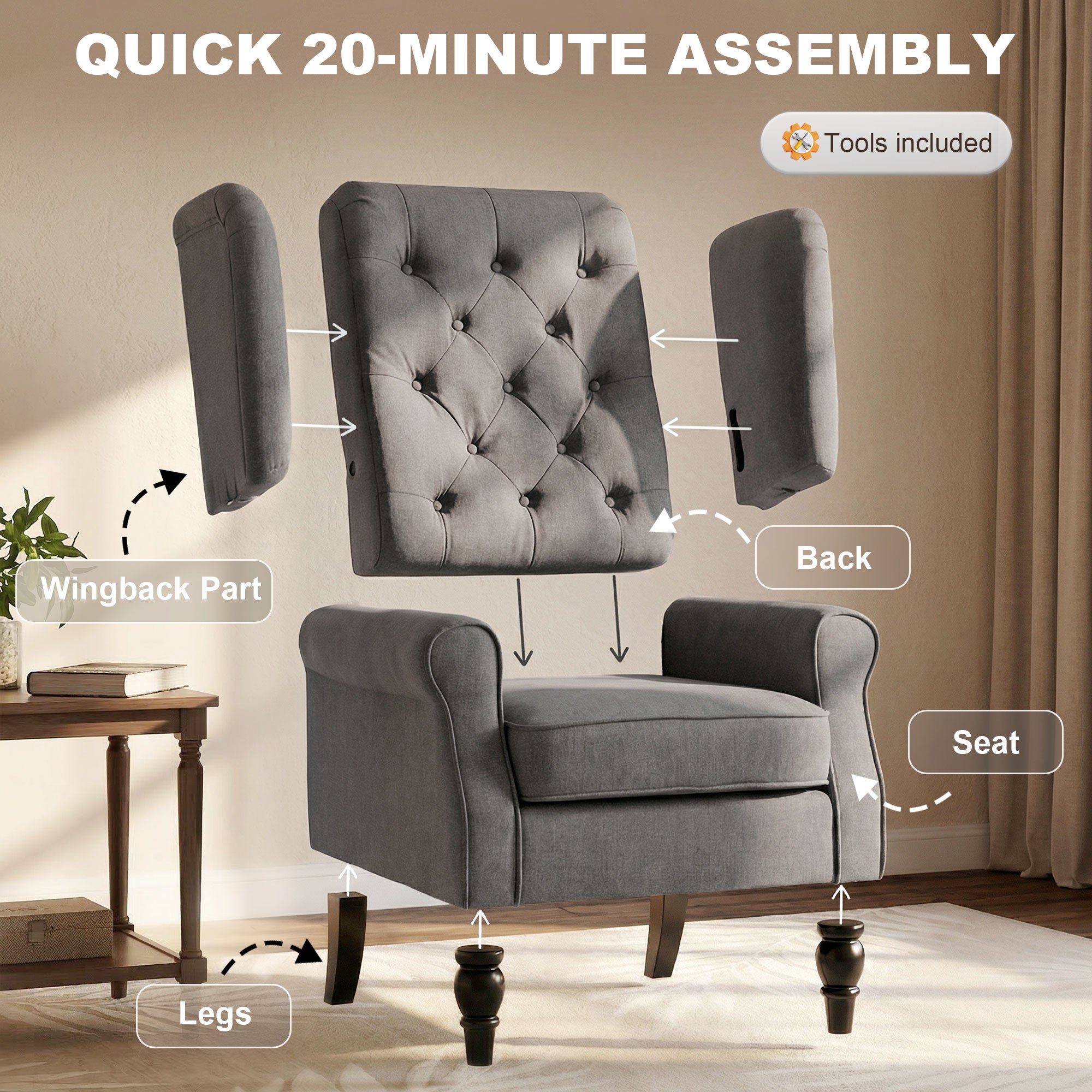 Retro Button Tufted Accent Armchair with Wooden Frame and Legs for Living Room, Bedroom, Dark Grey - HOMCOM