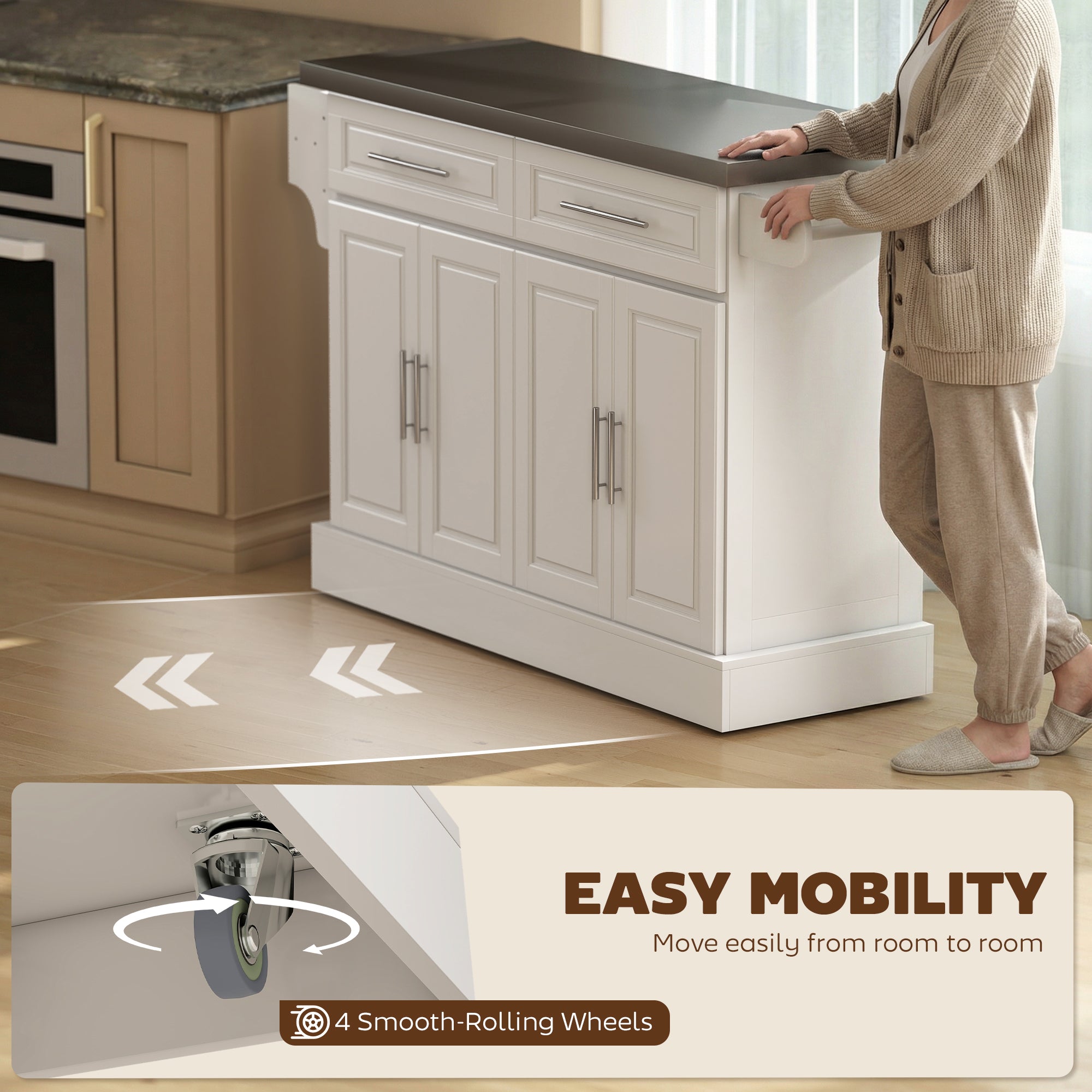 Rolling Stainless Steel Counter Kitchen Cart Storage Cabinet w/ Drawers & Rack, White - HOMCOM