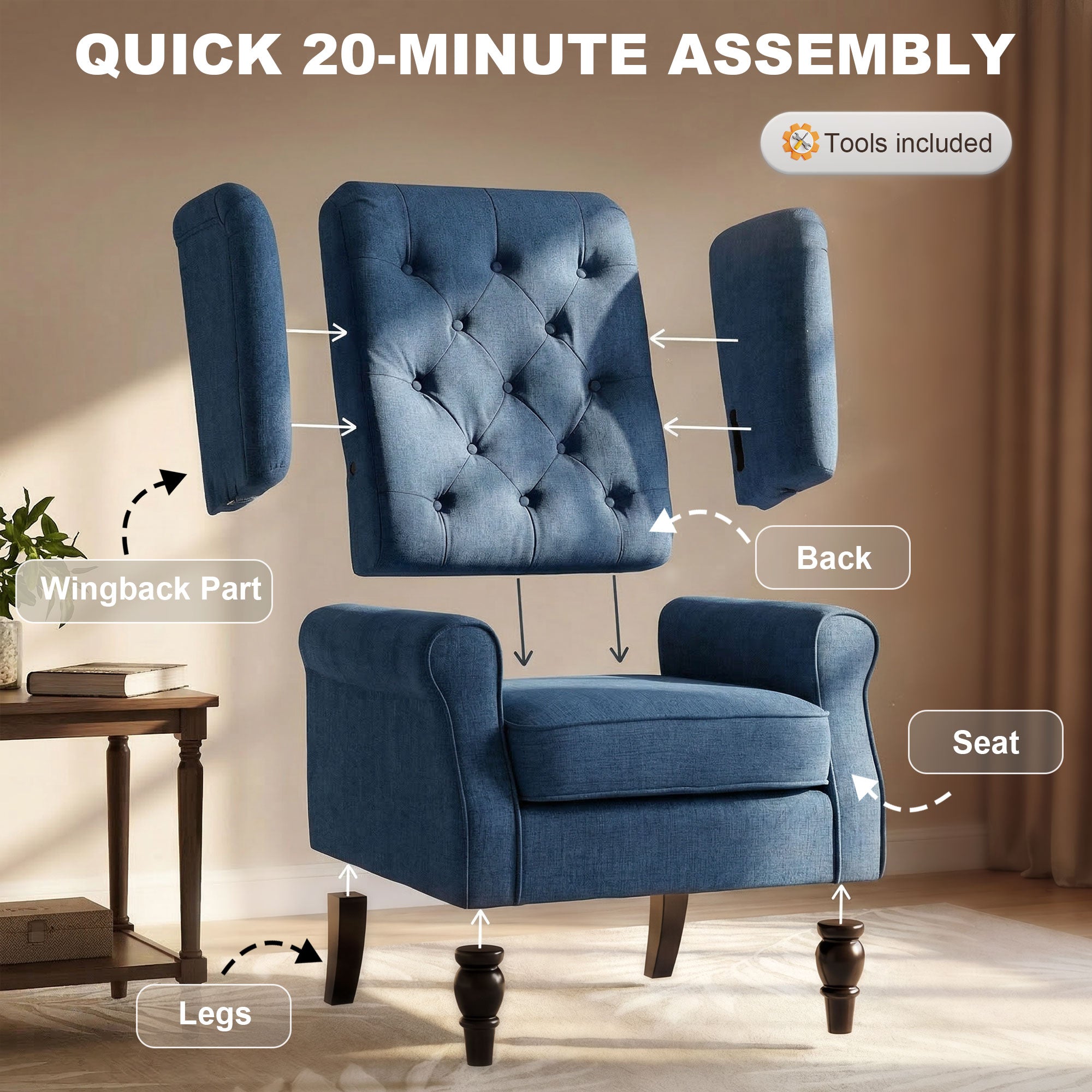 Retro Button Tufted Accent Armchair with Wooden Frame and Legs for Living Room, Bedroom, Blue - HOMCOM
