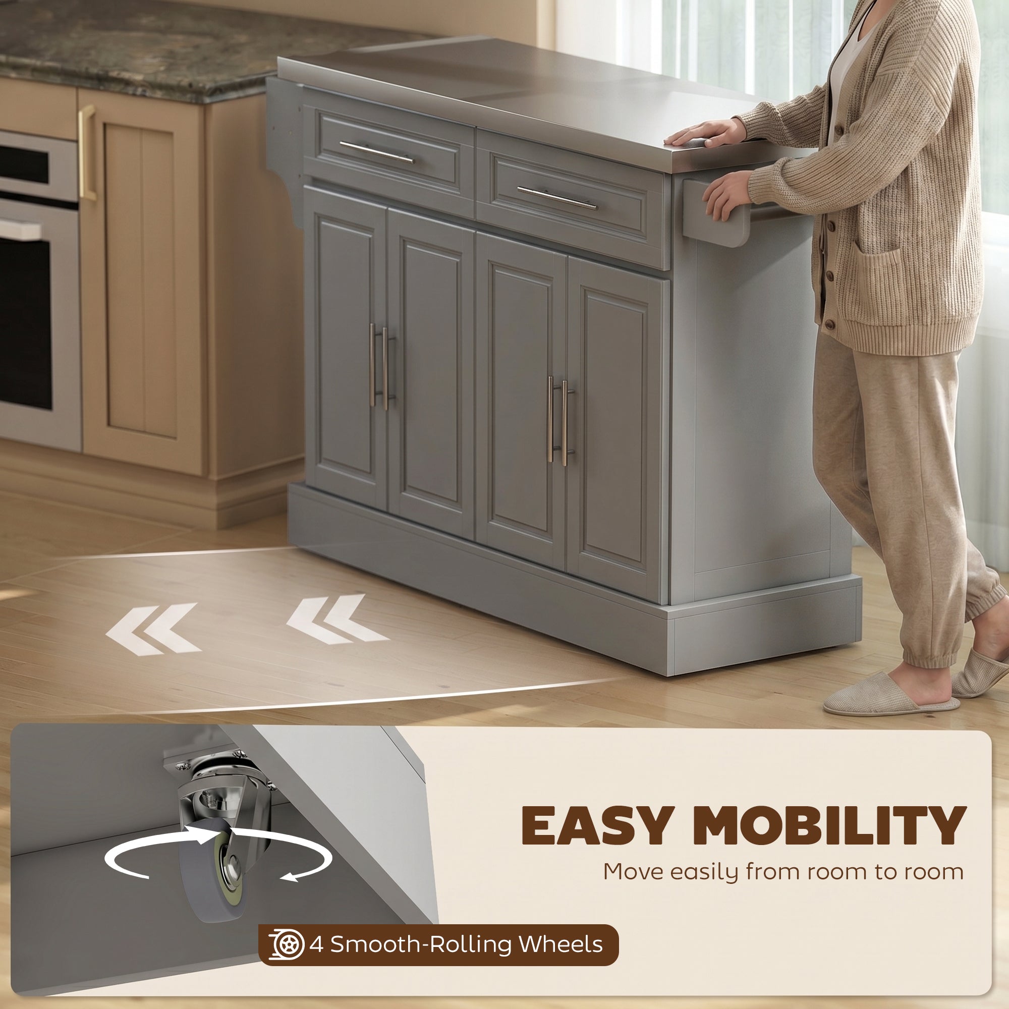 Rolling Kitchen Island with Storage Portable Cart with Stainless Steel Top 2 Drawers Gray