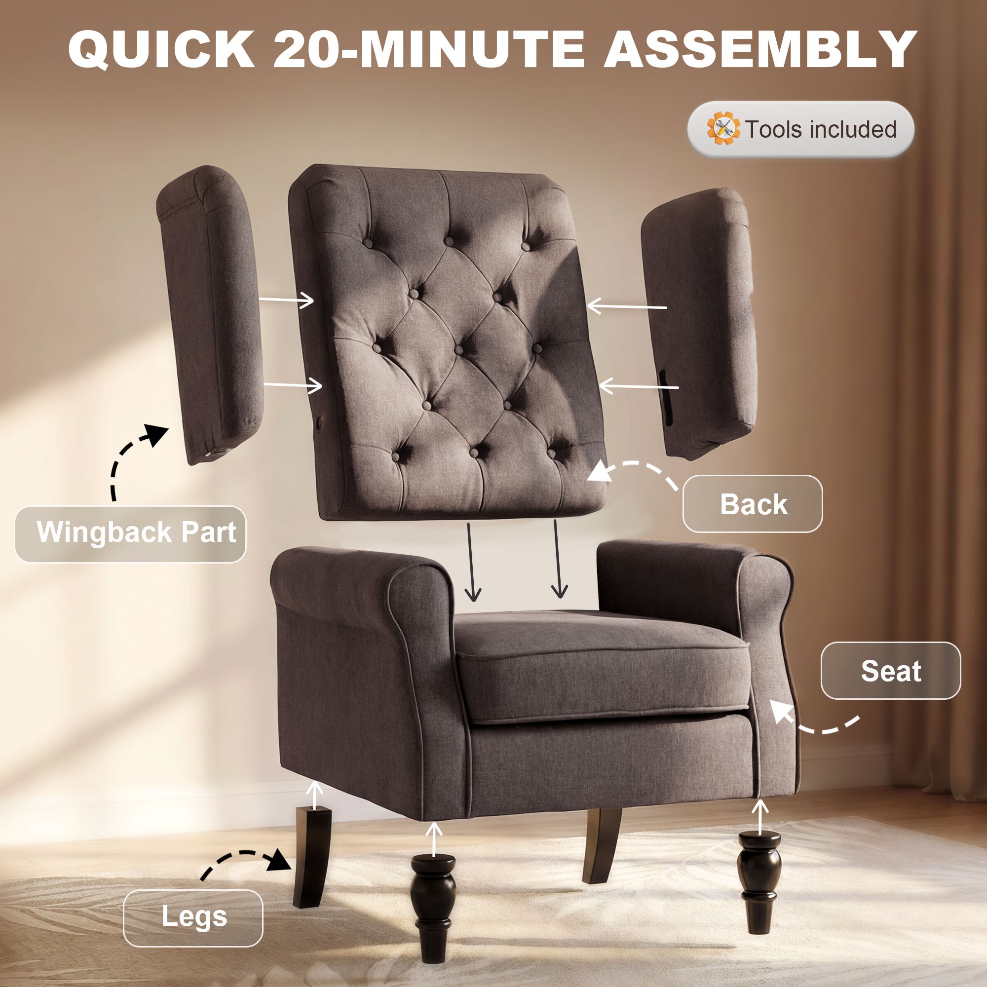 Mid-CenturyAccent Chair w/ High Wingback, Button-Tufted Fabric & Retro Wood Legs, Dark Brown - HOMCOM